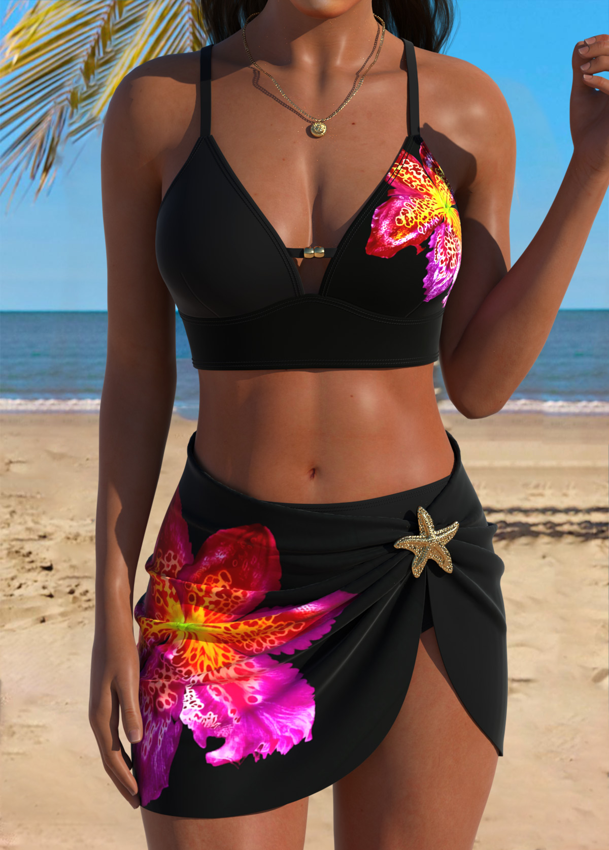 Black Mid Waisted Three-piece Tropical Plants Print Bikini Set | picture 