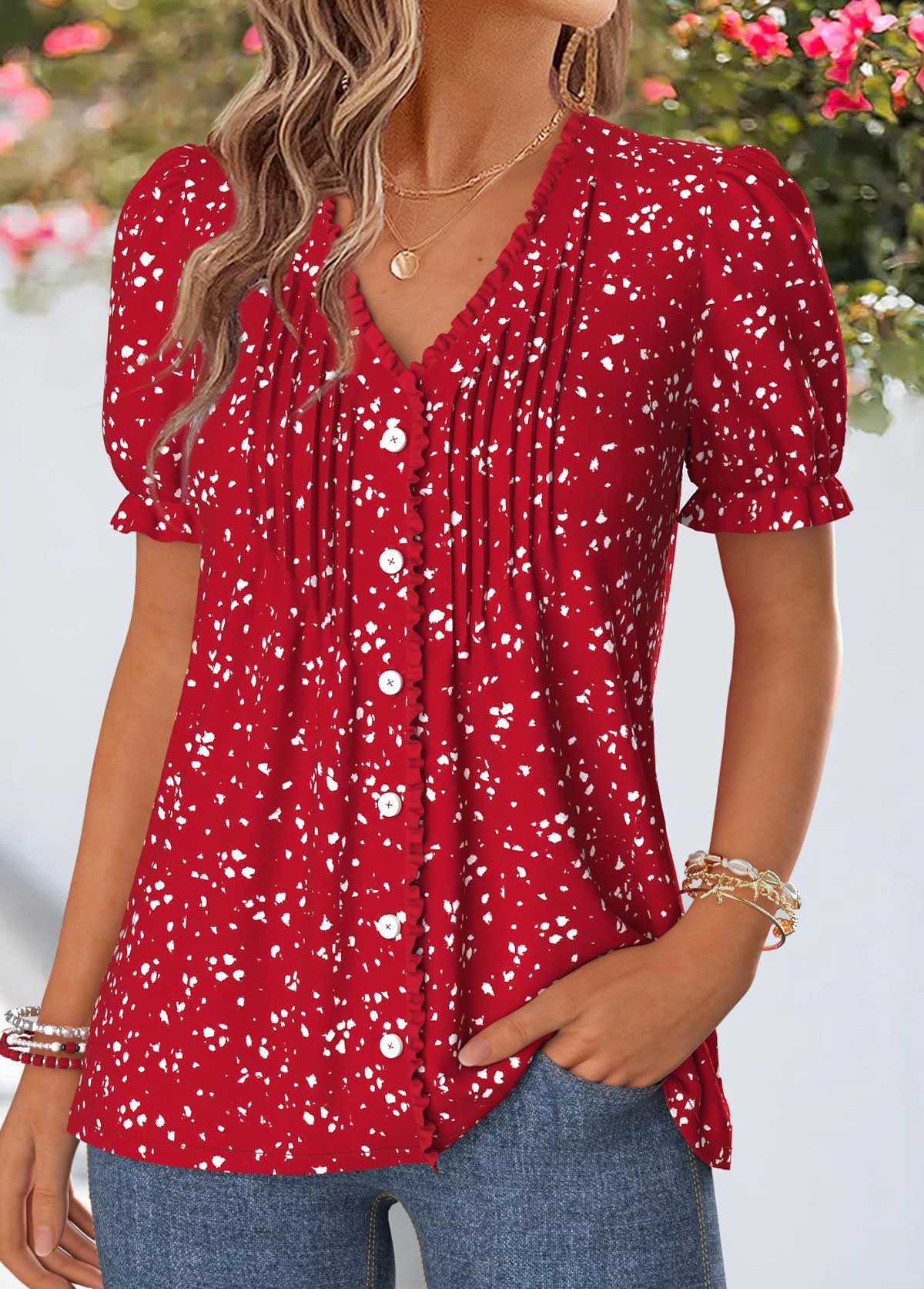 Red Geometric Print Frill Short Sleeve T Shirt | picture 