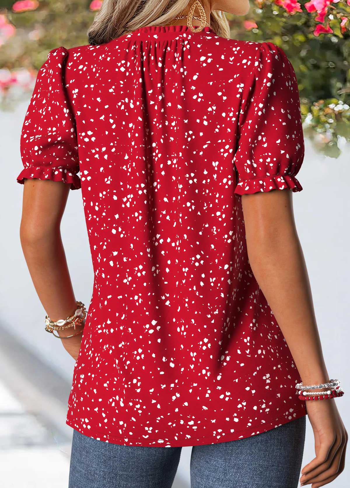 Red Geometric Print Frill Short Sleeve T Shirt | picture 