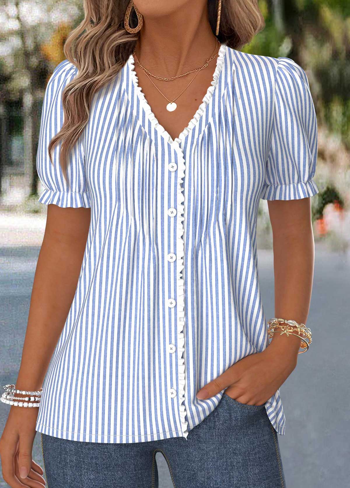 Dusty Blue Striped Frill Short Sleeve T Shirt | picture 