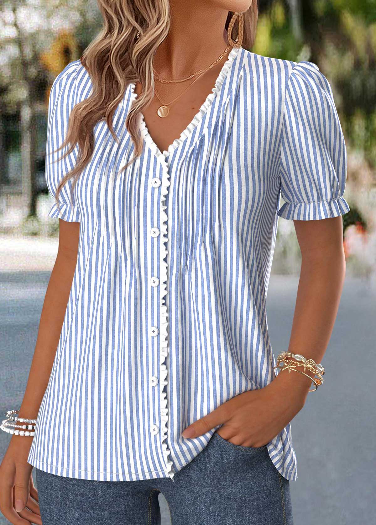 Dusty Blue Striped Frill Short Sleeve T Shirt | picture 