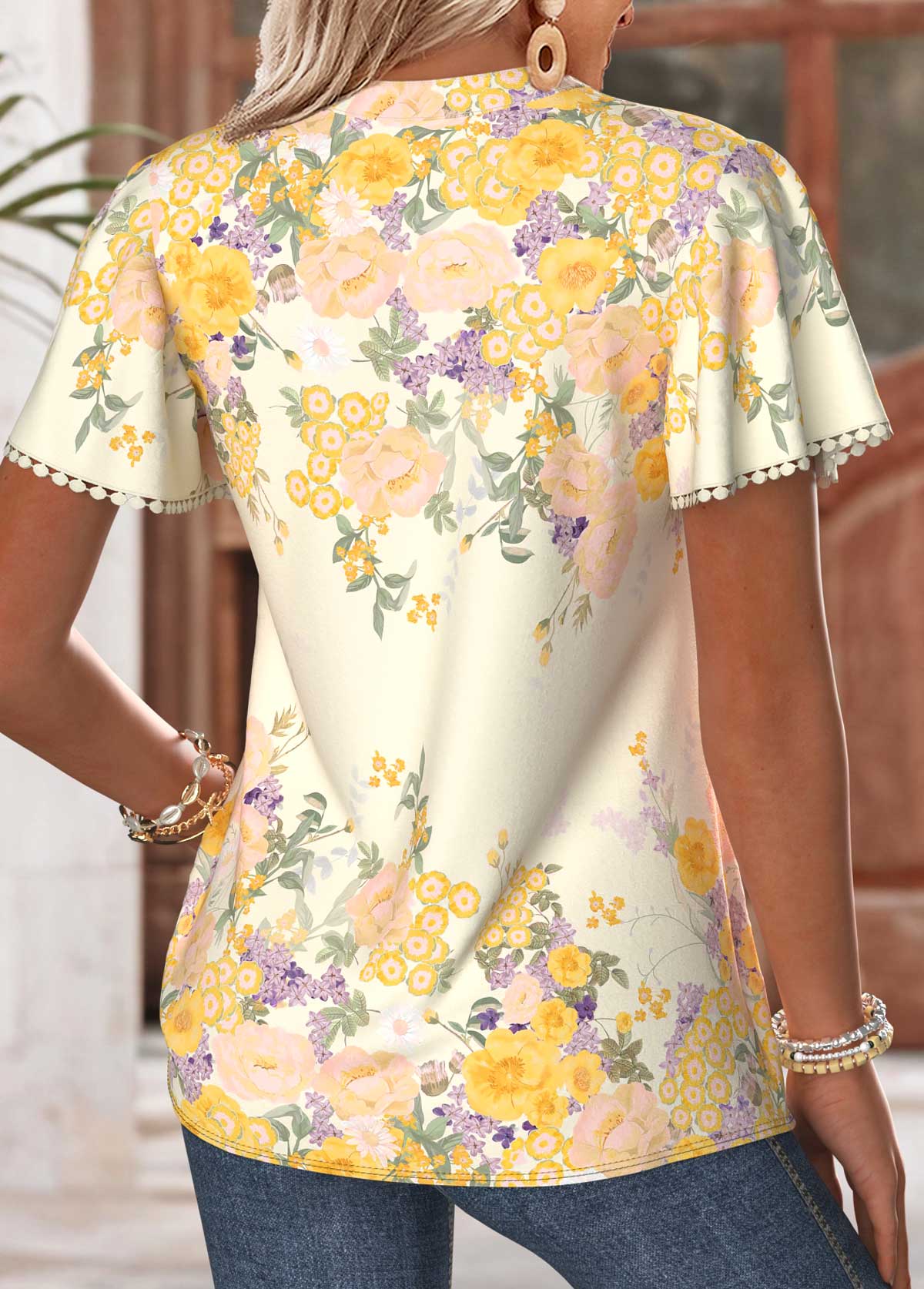 Light Yellow Floral Print Tuck Stitch T Shirt | picture 