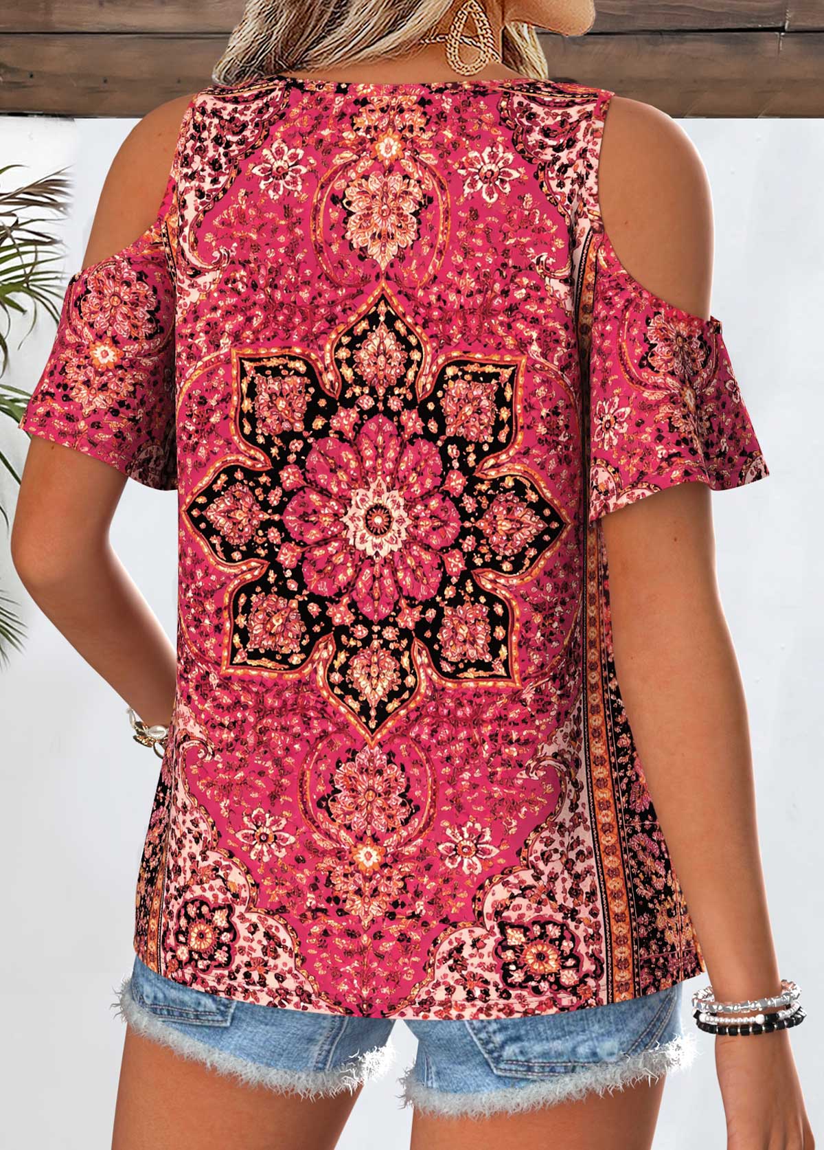 Hot Pink Tribal Print Tummy Coverage T Shirt | picture 