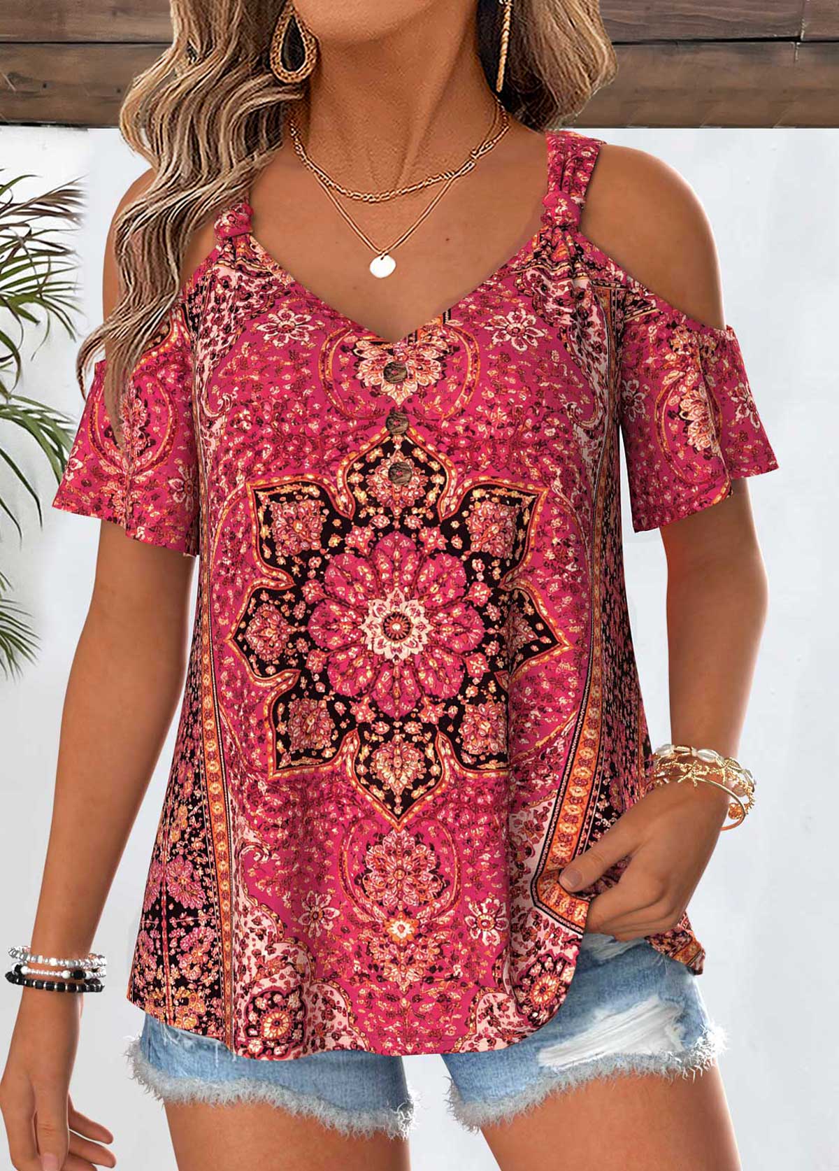 Hot Pink Tribal Print Tummy Coverage T Shirt | picture 