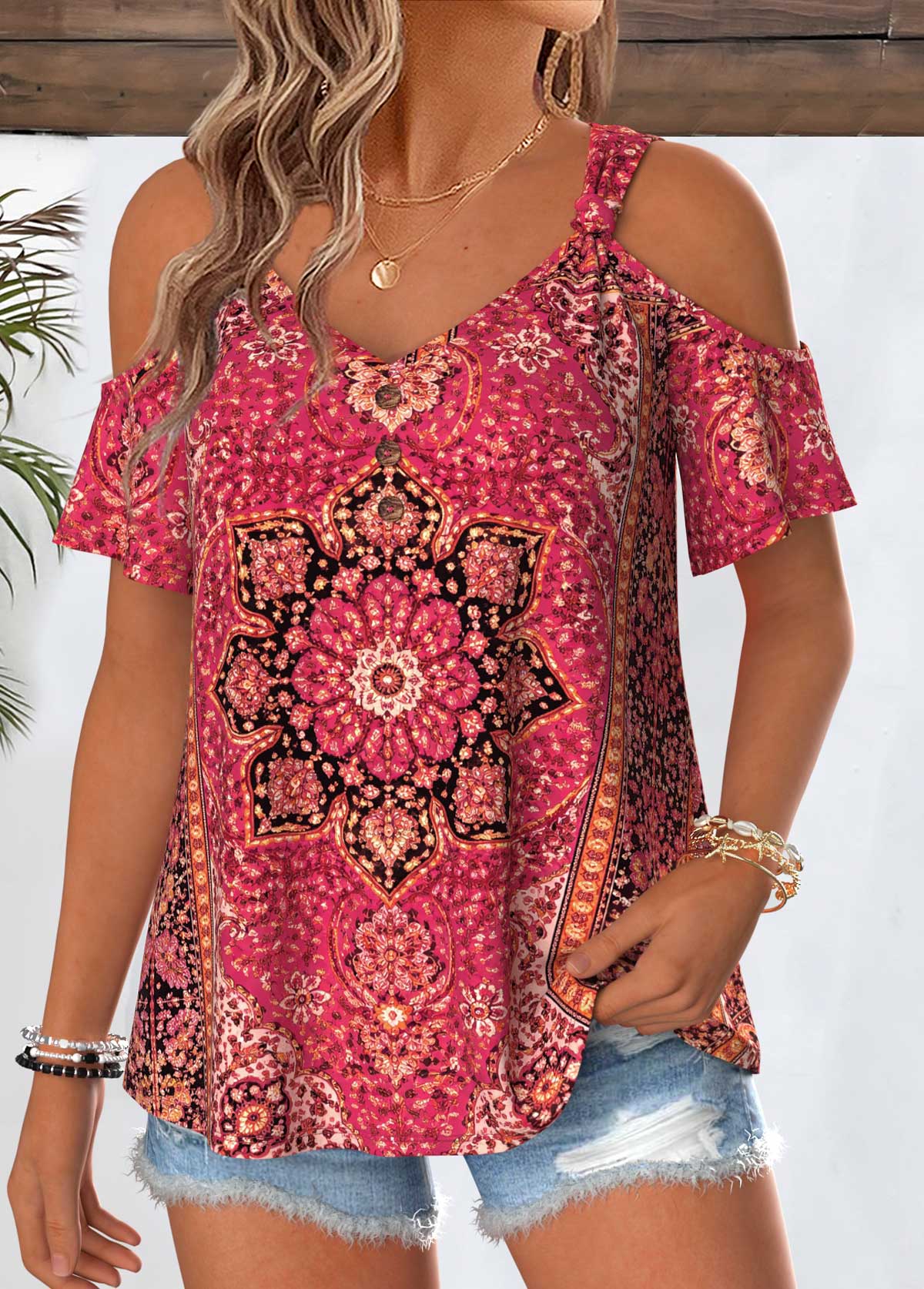 Hot Pink Tribal Print Tummy Coverage T Shirt | picture 
