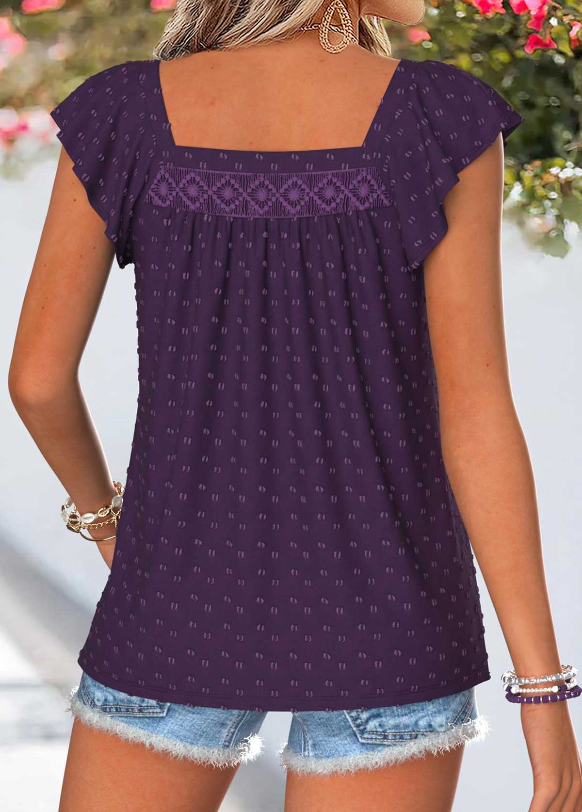 Purple Curved Hem Short Sleeve Square Neck Tank Top | picture 