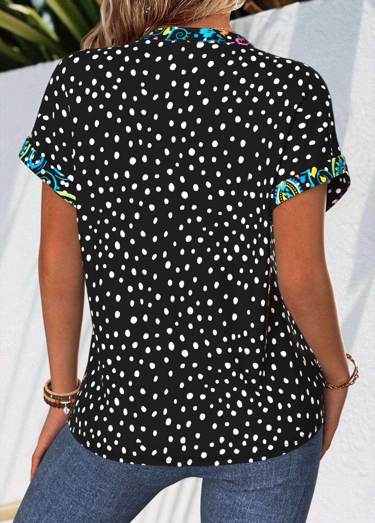 Black Polka Dot Patchwork Short Sleeve Stand Collar Blouse | picture 