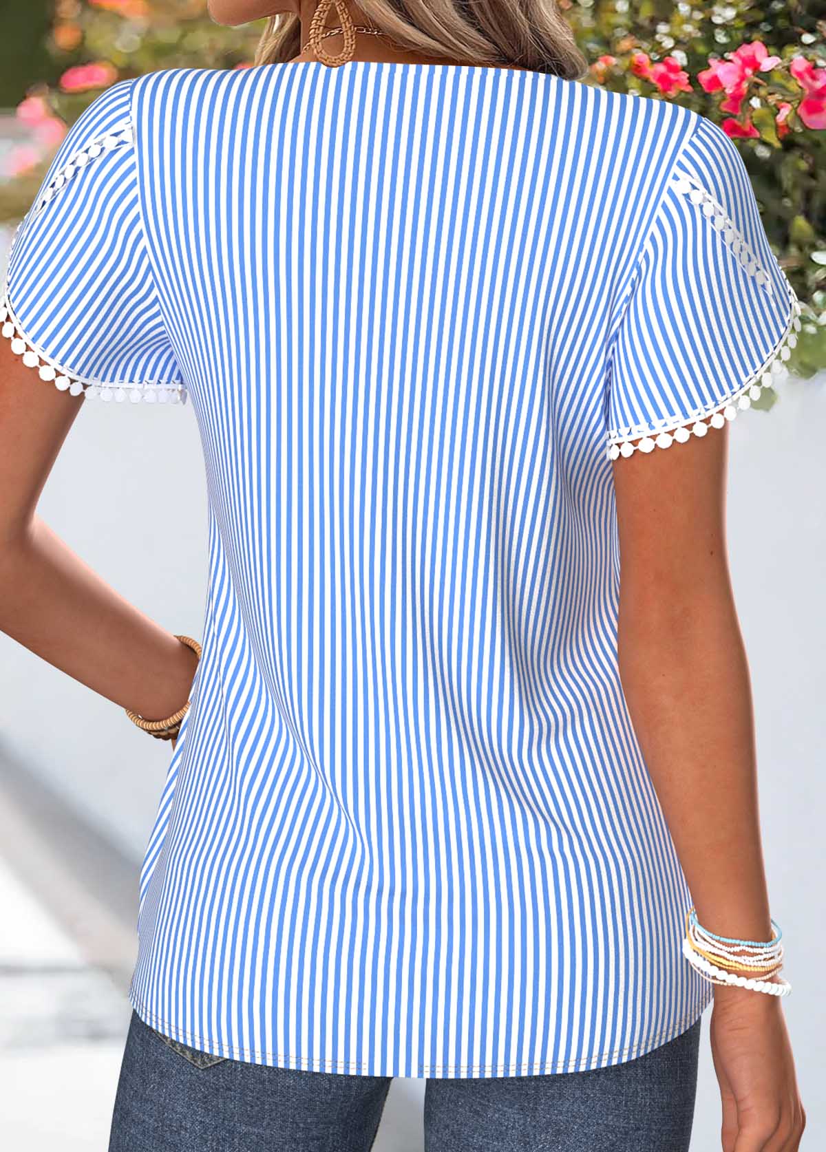 Blue Striped Patchwork Short Sleeve Split Neck T Shirt | picture 