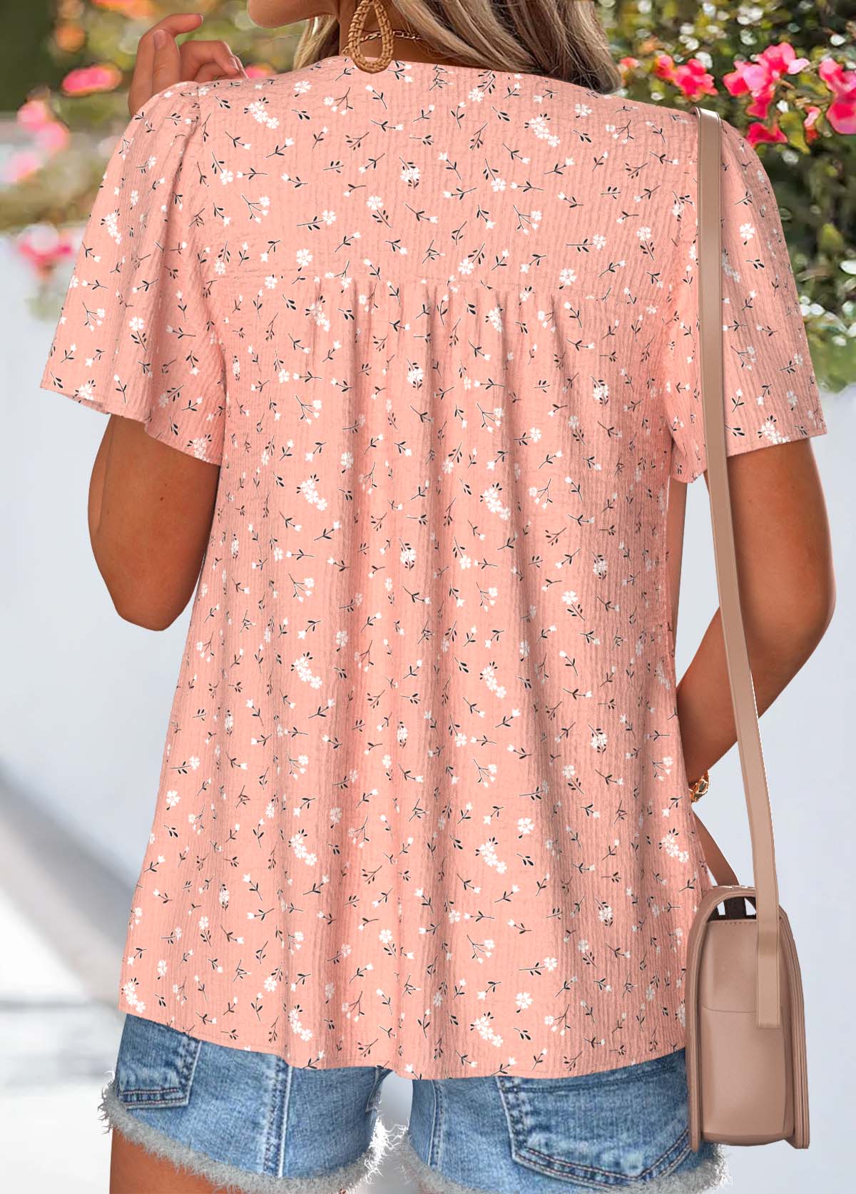 Light Pink Floral Print Patchwork Short Sleeve T Shirt | picture 