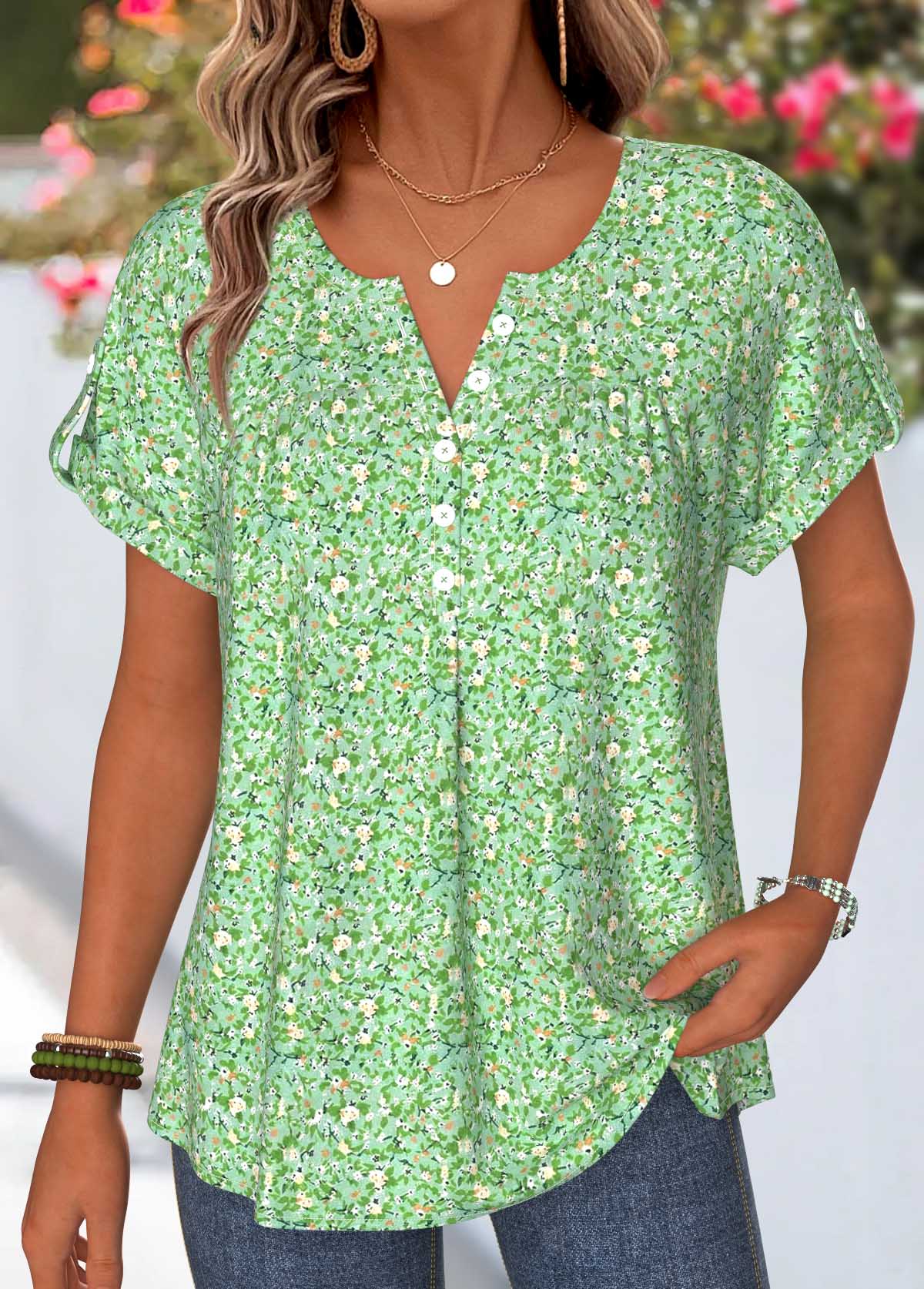 Light Green Ditsy Floral Print Smocked T Shirt | picture 