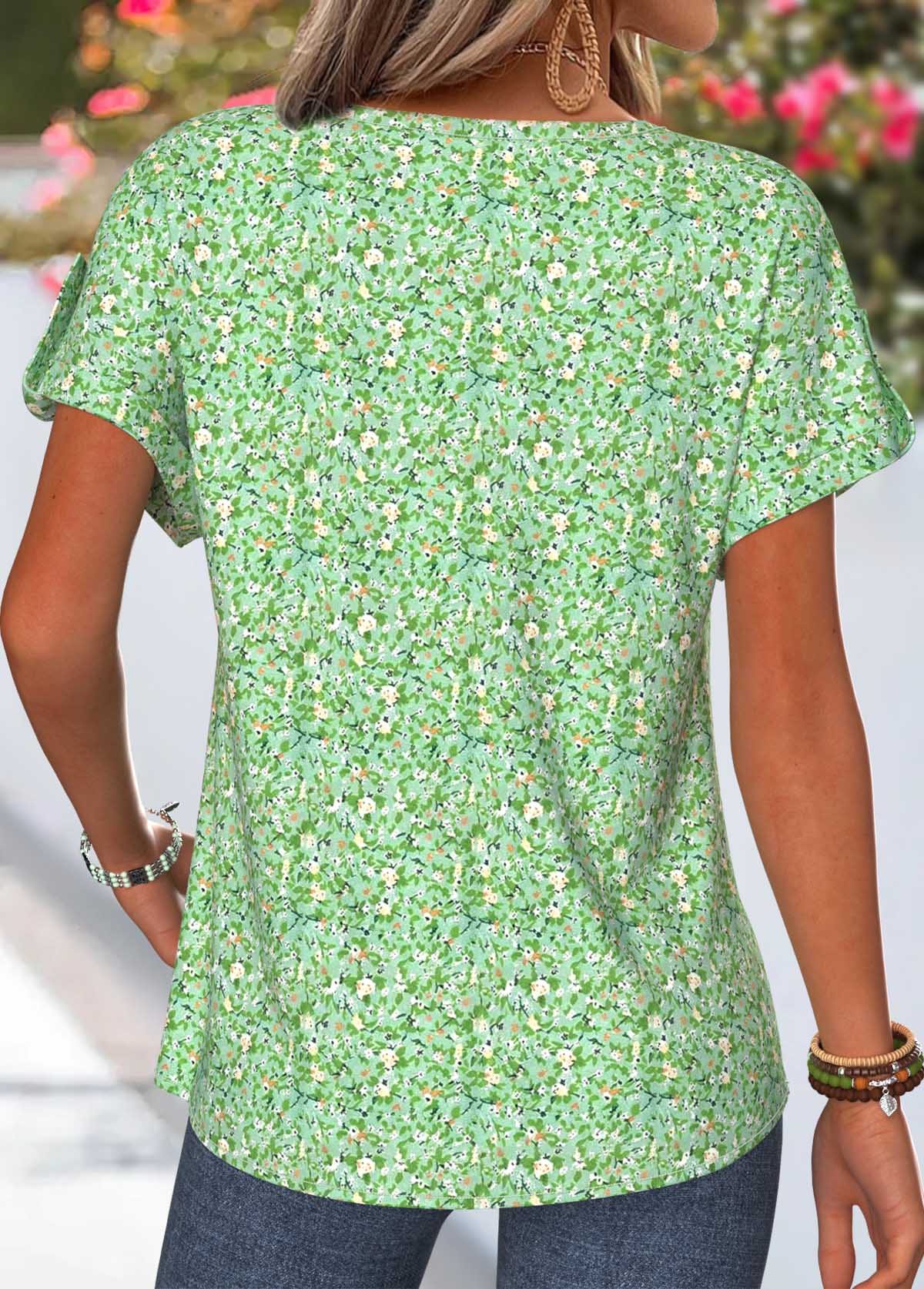 Light Green Ditsy Floral Print Smocked T Shirt | picture 