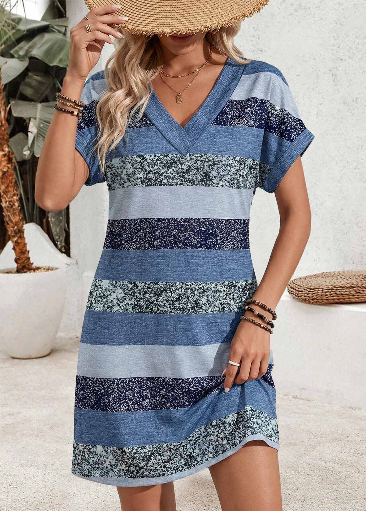 Blue Striped Short Tummy Coverage V Neck Dress | picture 