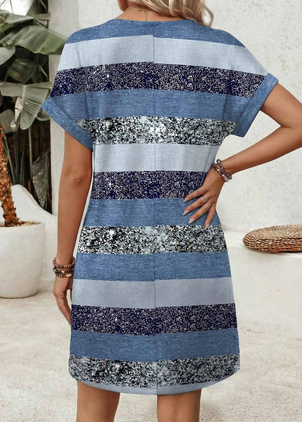 Blue Striped Short Tummy Coverage V Neck Dress | picture 