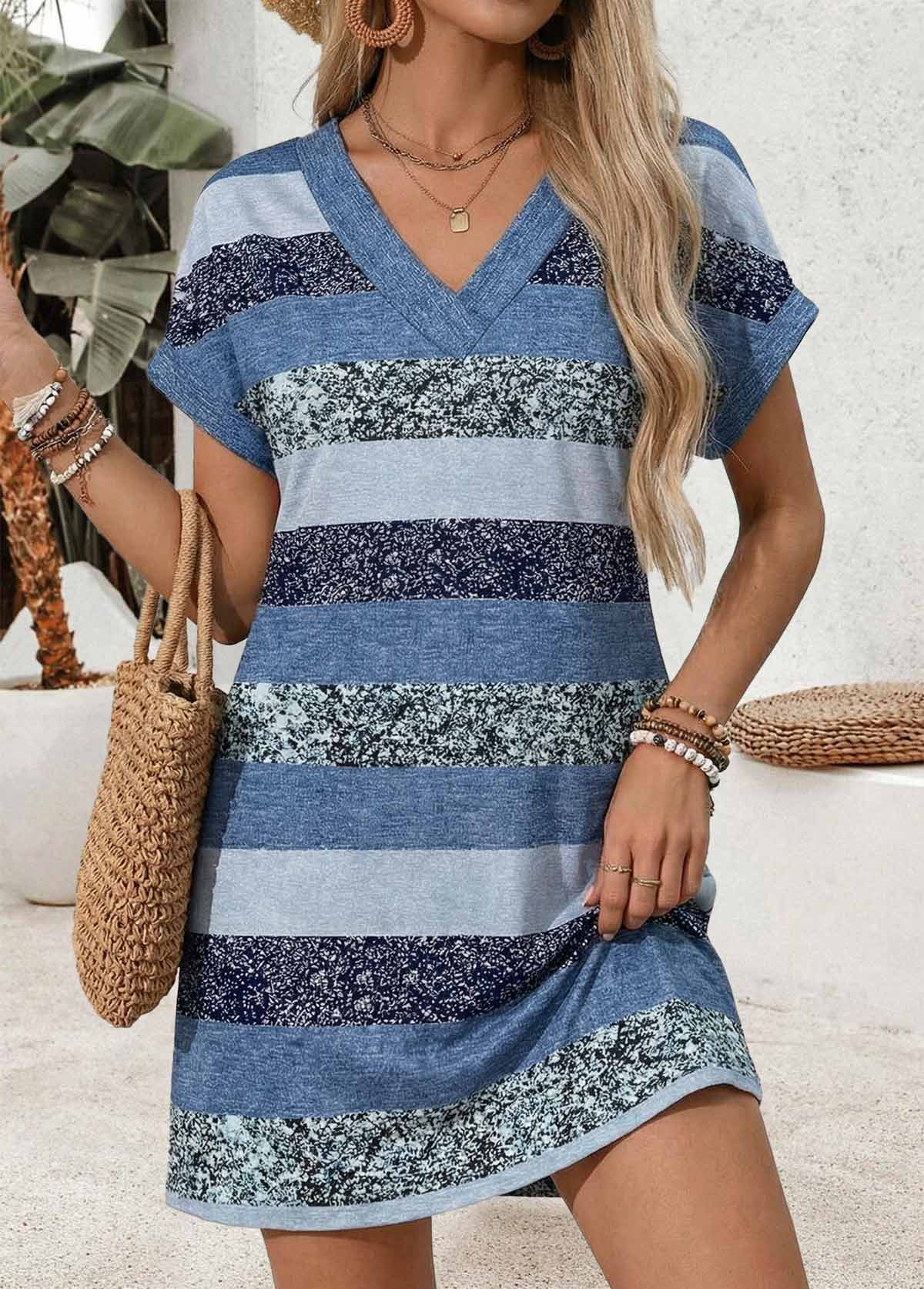 Blue Striped Short Tummy Coverage V Neck Dress | picture 