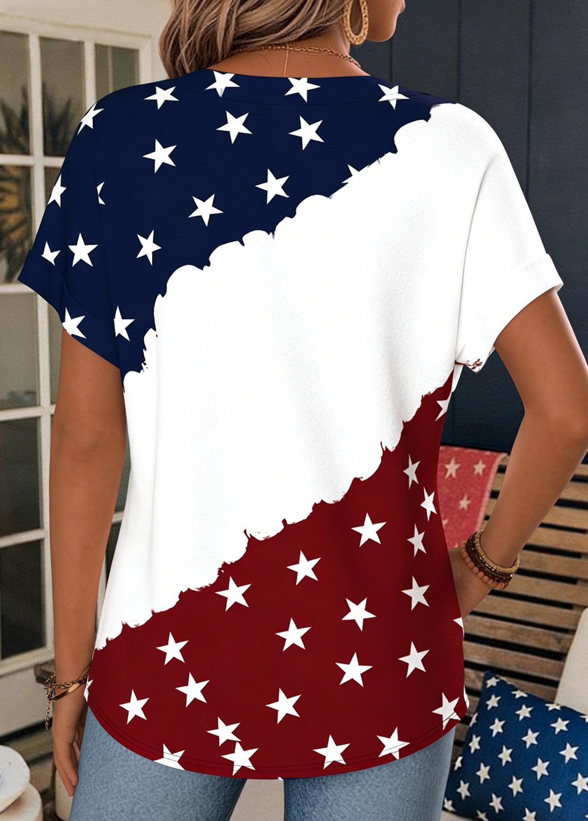 Navy American Flag Print Split Short Sleeve T Shirt | picture 