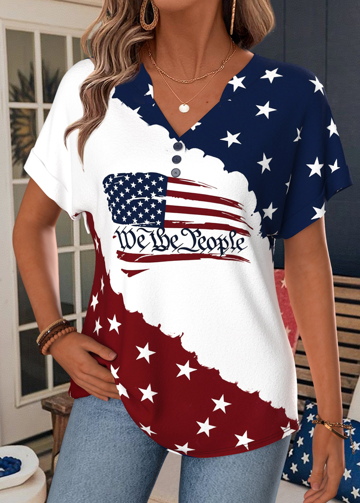 Navy American Flag Print Split Short Sleeve T Shirt | picture 