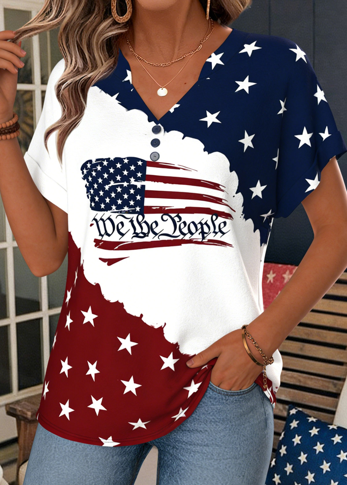 Navy American Flag Print Split Short Sleeve T Shirt | picture 