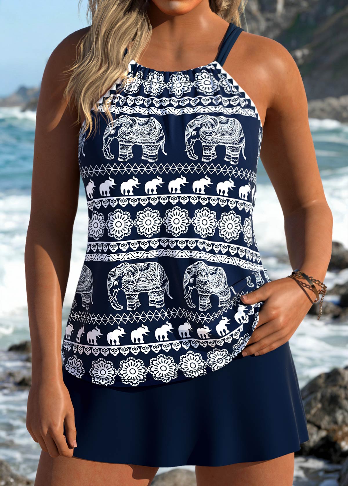 Navy Mid Waisted Tummy Coverage Tribal Print Tankini Set | picture 