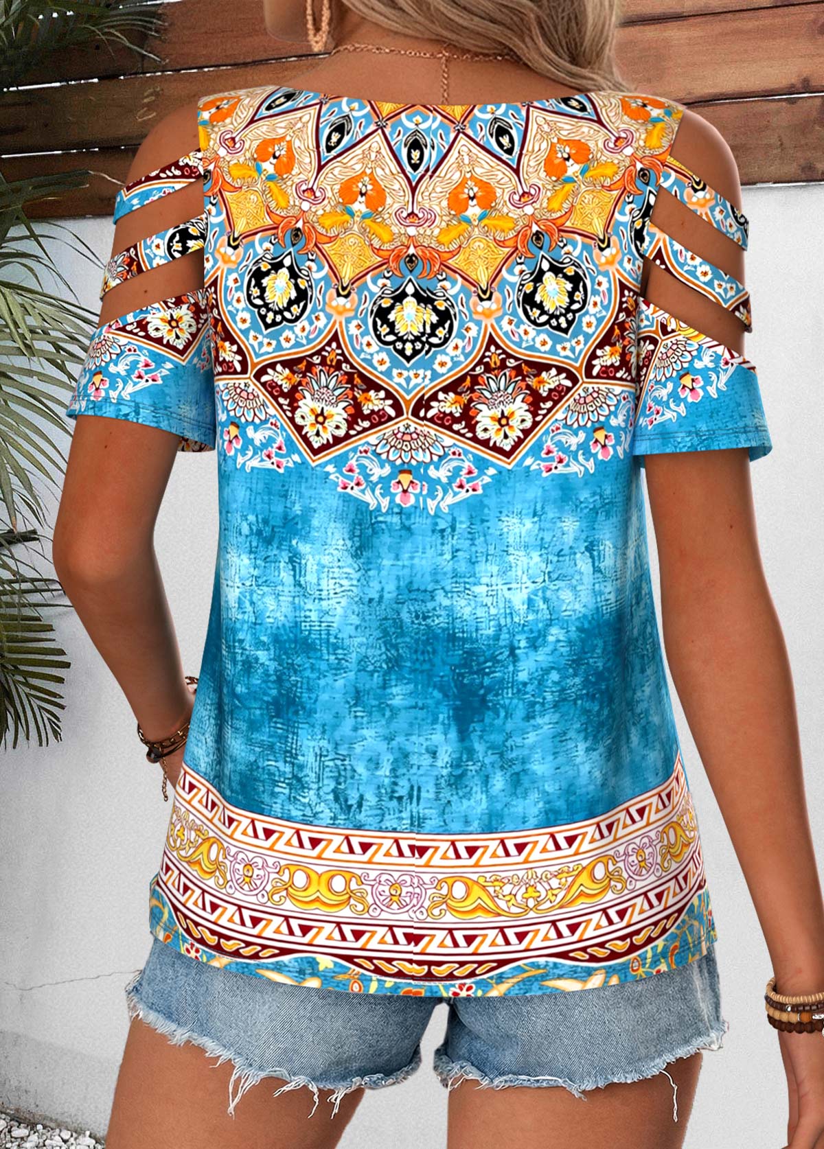 Multi Color Tribal Print Curved Hem T Shirt | picture 
