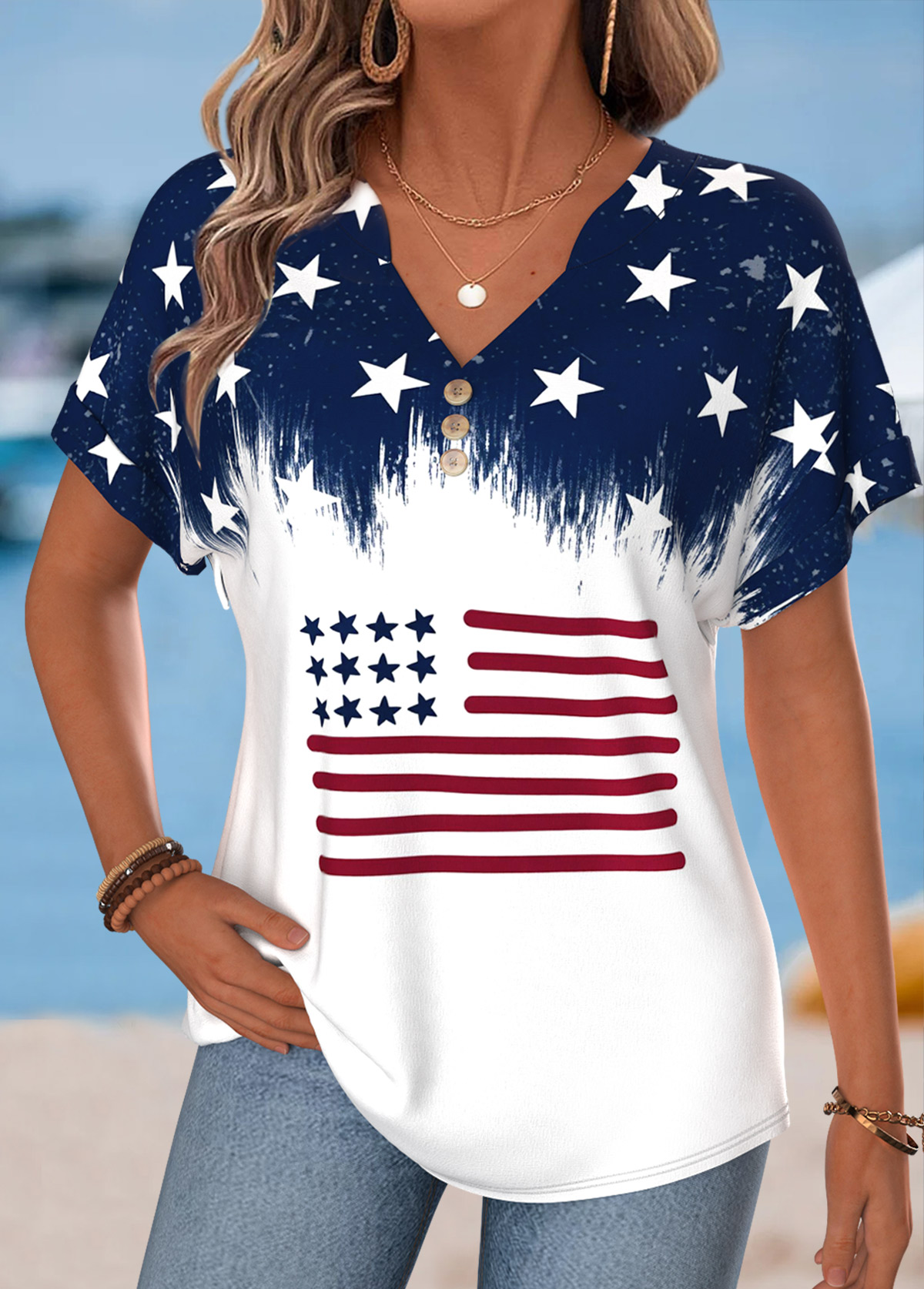 American Flag White Split Short Sleeve T Shirt | picture 