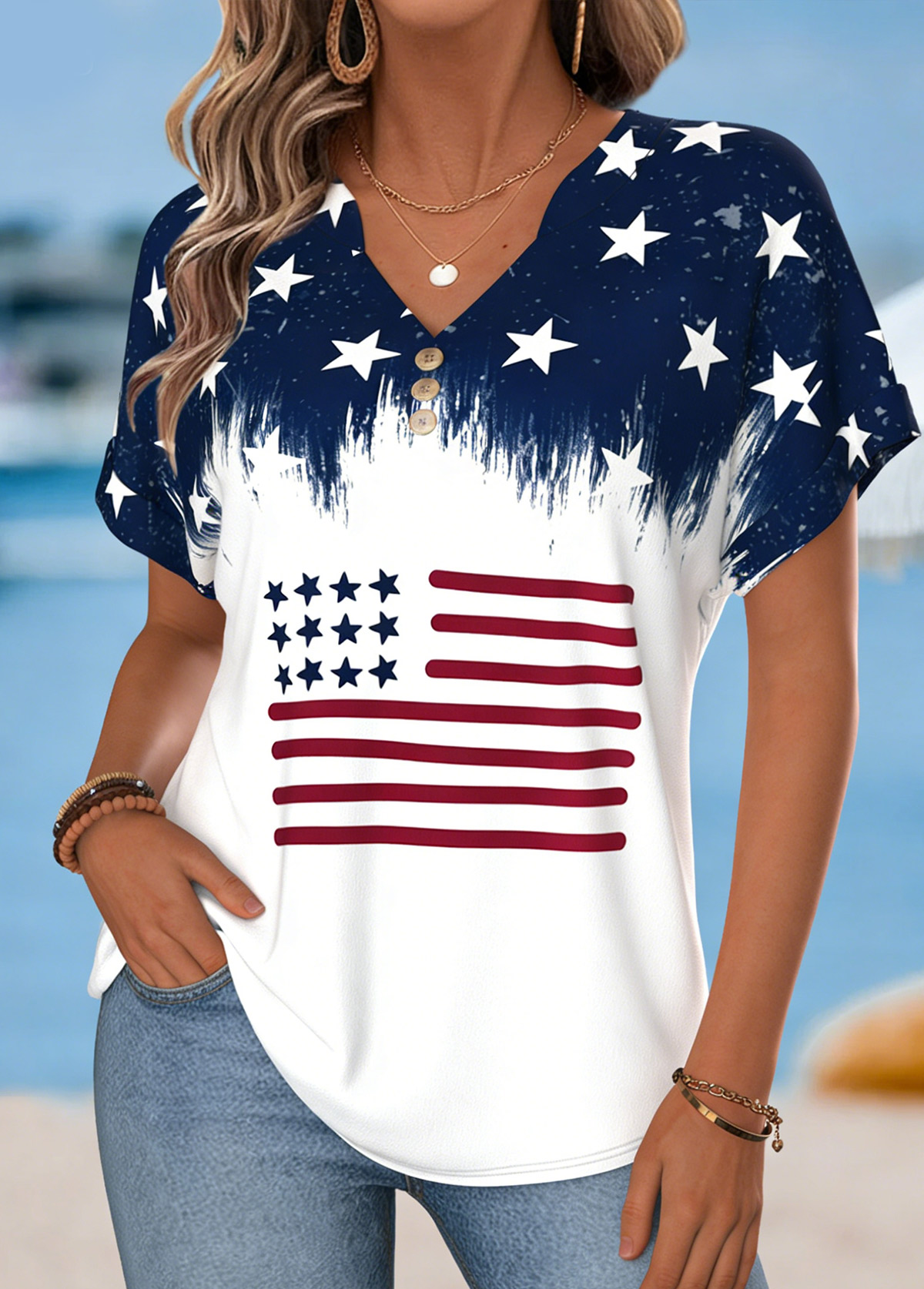 American Flag White Split Short Sleeve T Shirt | picture 