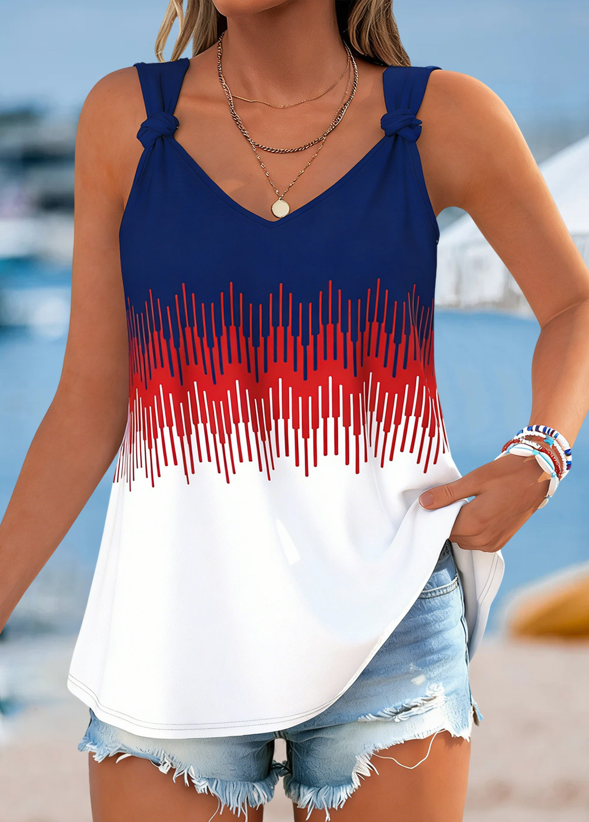 American Flag Navy Geometric Print Tie Strappy Tank Top | picture 