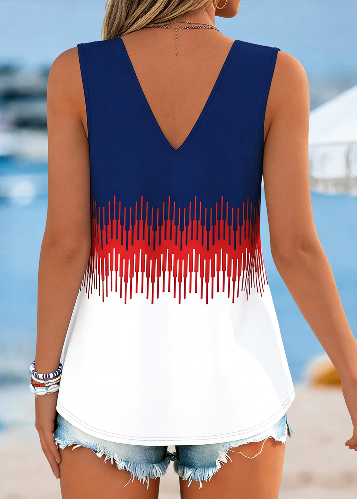 American Flag Navy Geometric Print Tie Strappy Tank Top | picture 