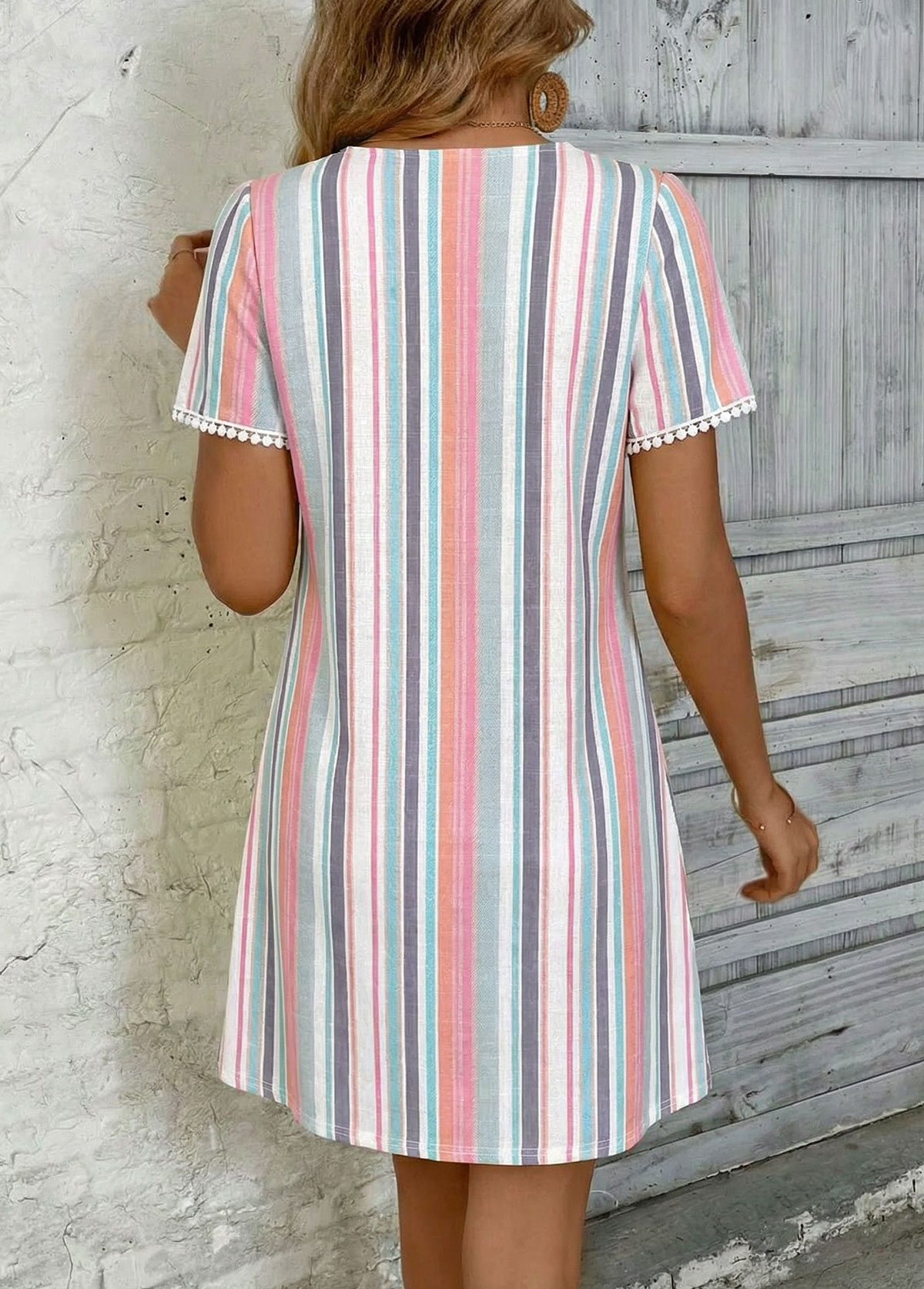 Multi Color Striped Short Tummy Coverage V Neck Dress | picture 