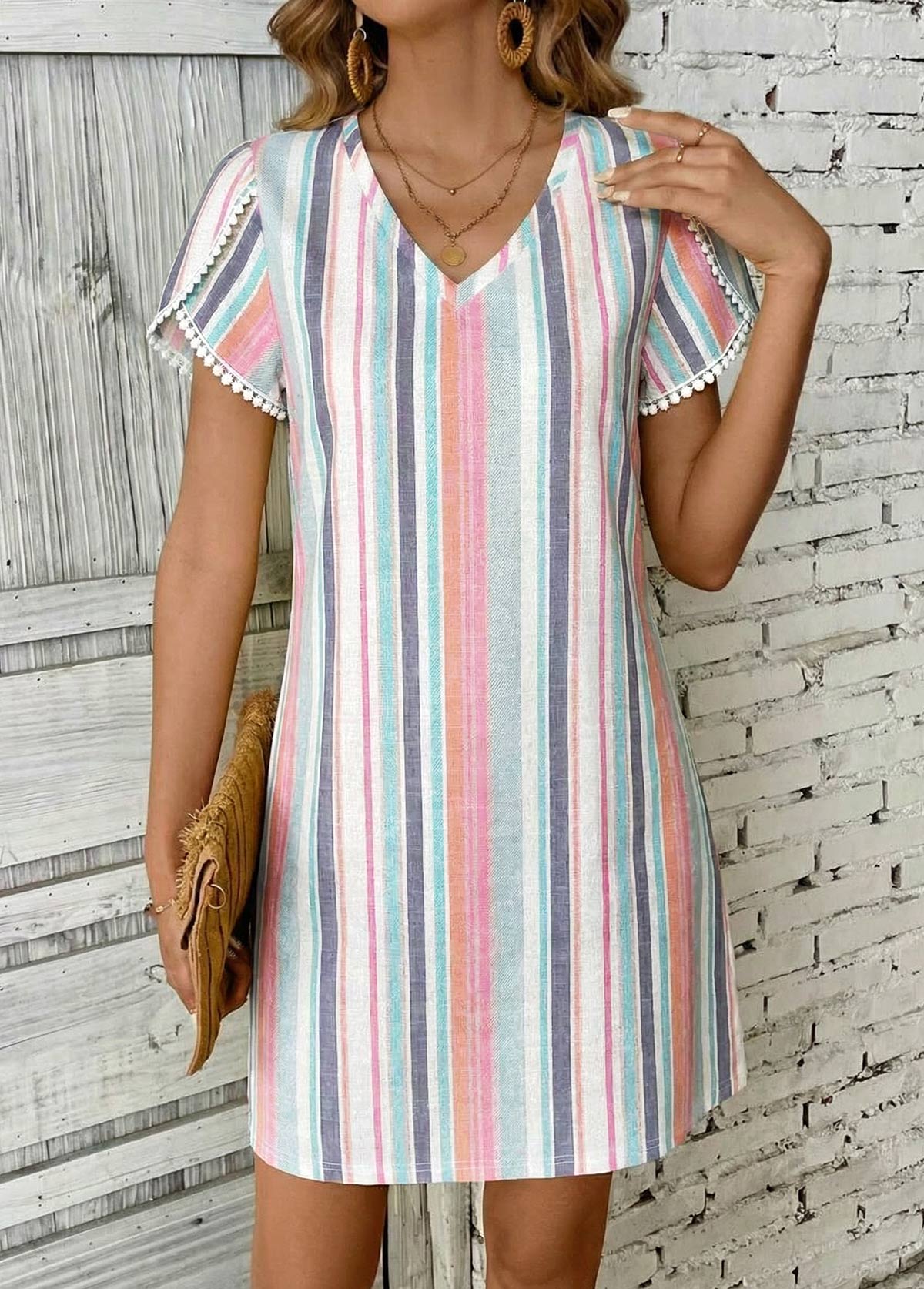 Multi Color Striped Short Tummy Coverage V Neck Dress | picture 