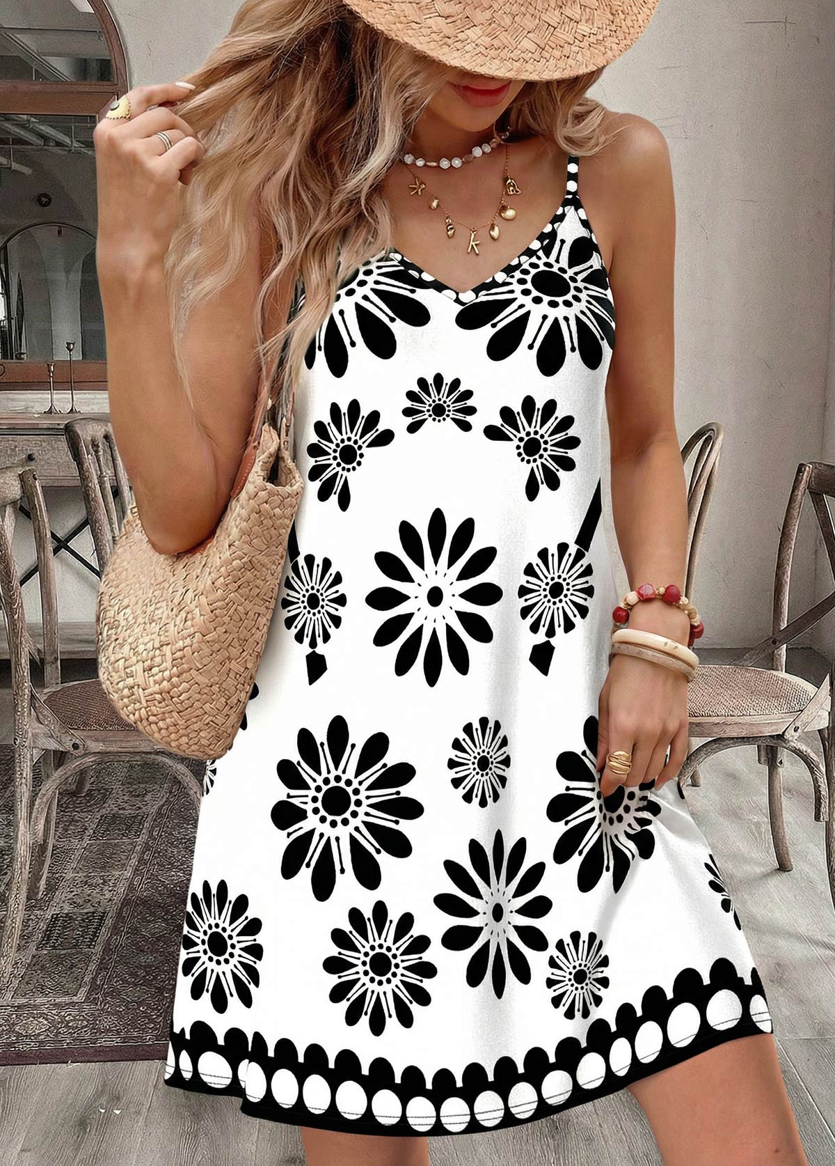 White Floral Print Short Tummy Coverage Strappy Dress | picture 