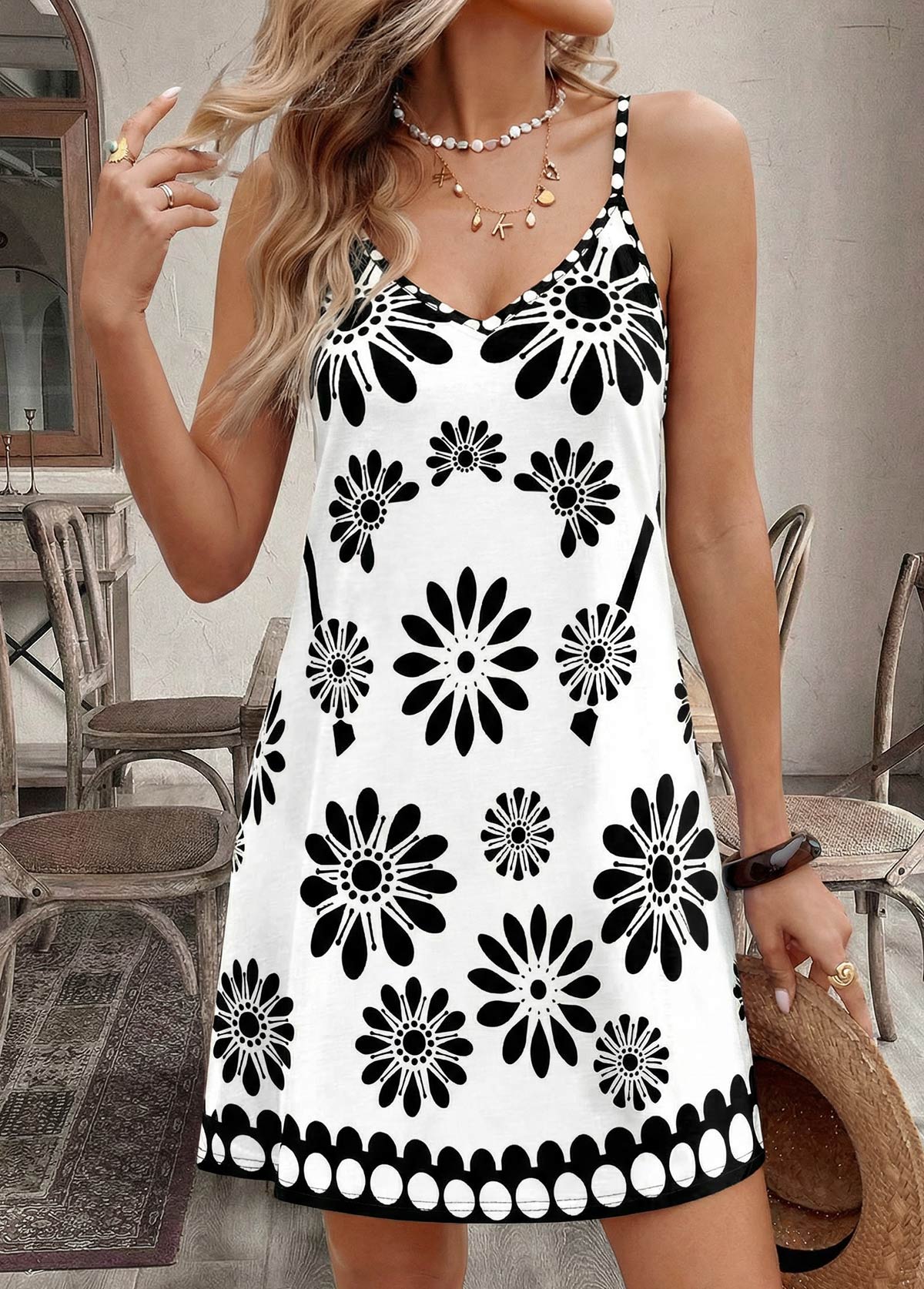 White Floral Print Short Tummy Coverage Strappy Dress | picture 