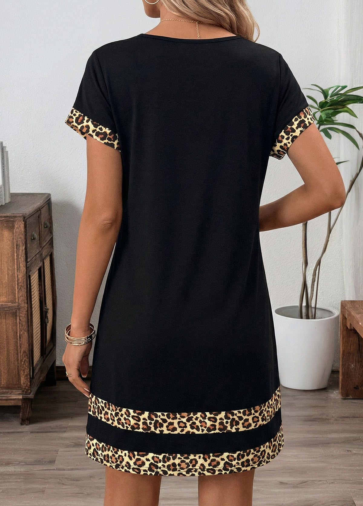 Black Leopard Short Tummy Coverage Split Neck Dress | picture 