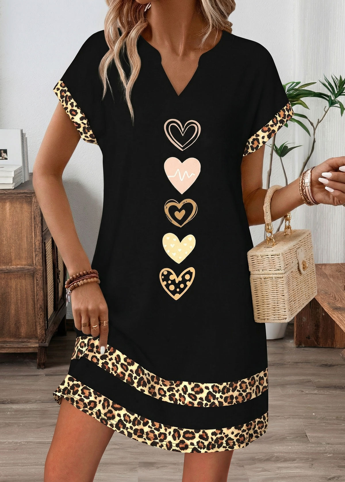 Black Leopard Short Tummy Coverage Split Neck Dress | picture 