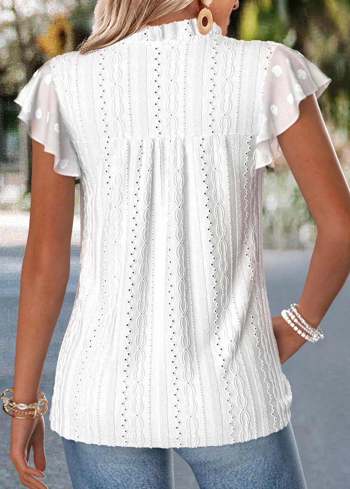 Raw White Tummy Coverage Short Sleeve Split Neck Blouse | picture 