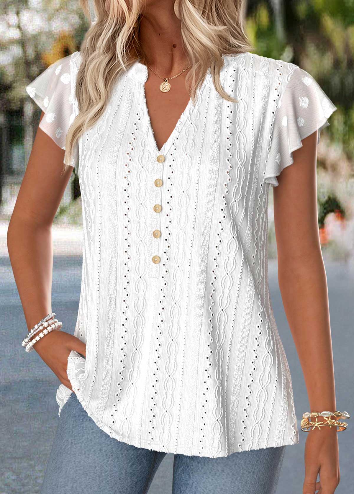 Raw White Tummy Coverage Short Sleeve Split Neck Blouse | picture 