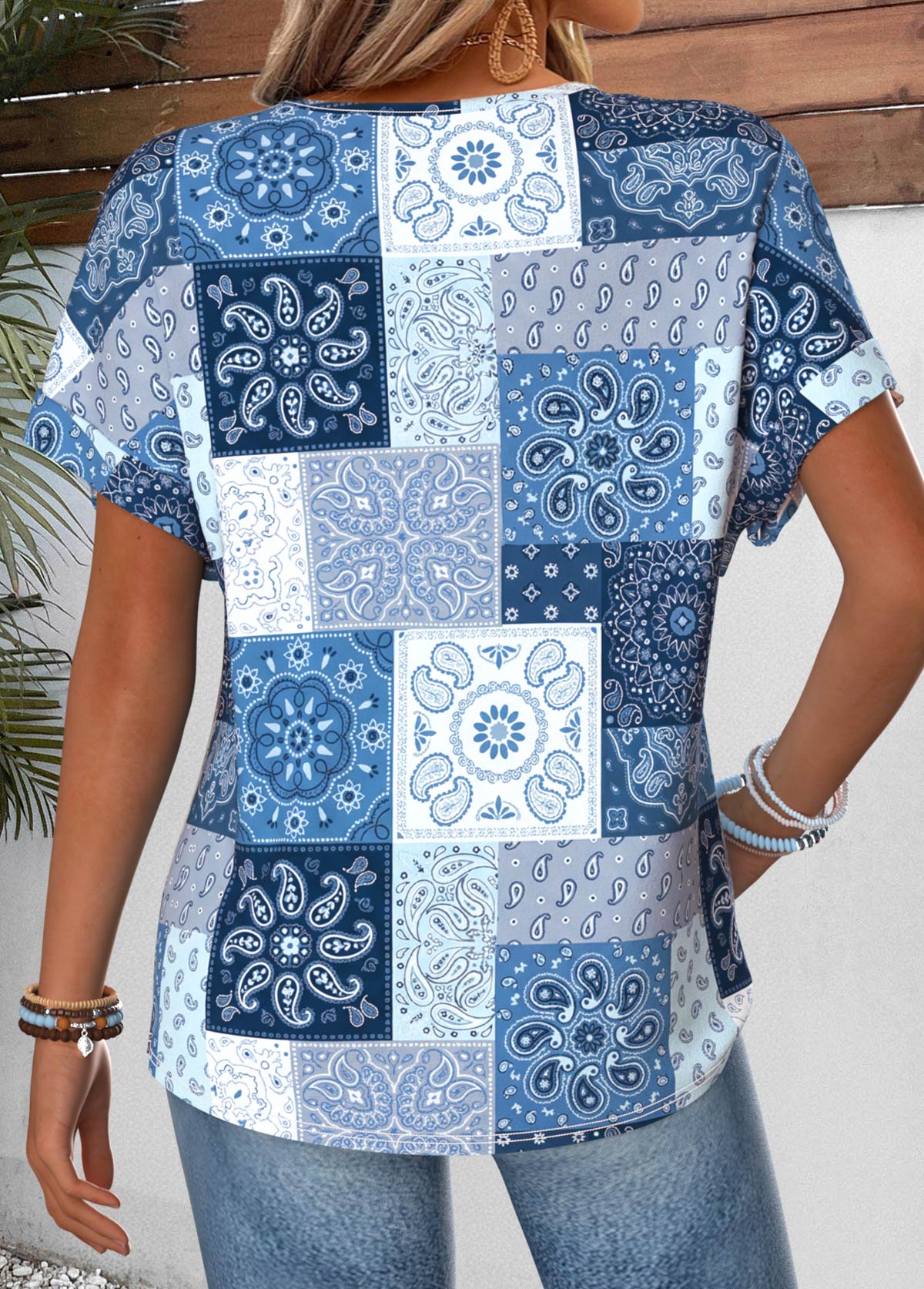 Blue Tribal Print Tummy Coverage Short Sleeve T Shirt | picture 