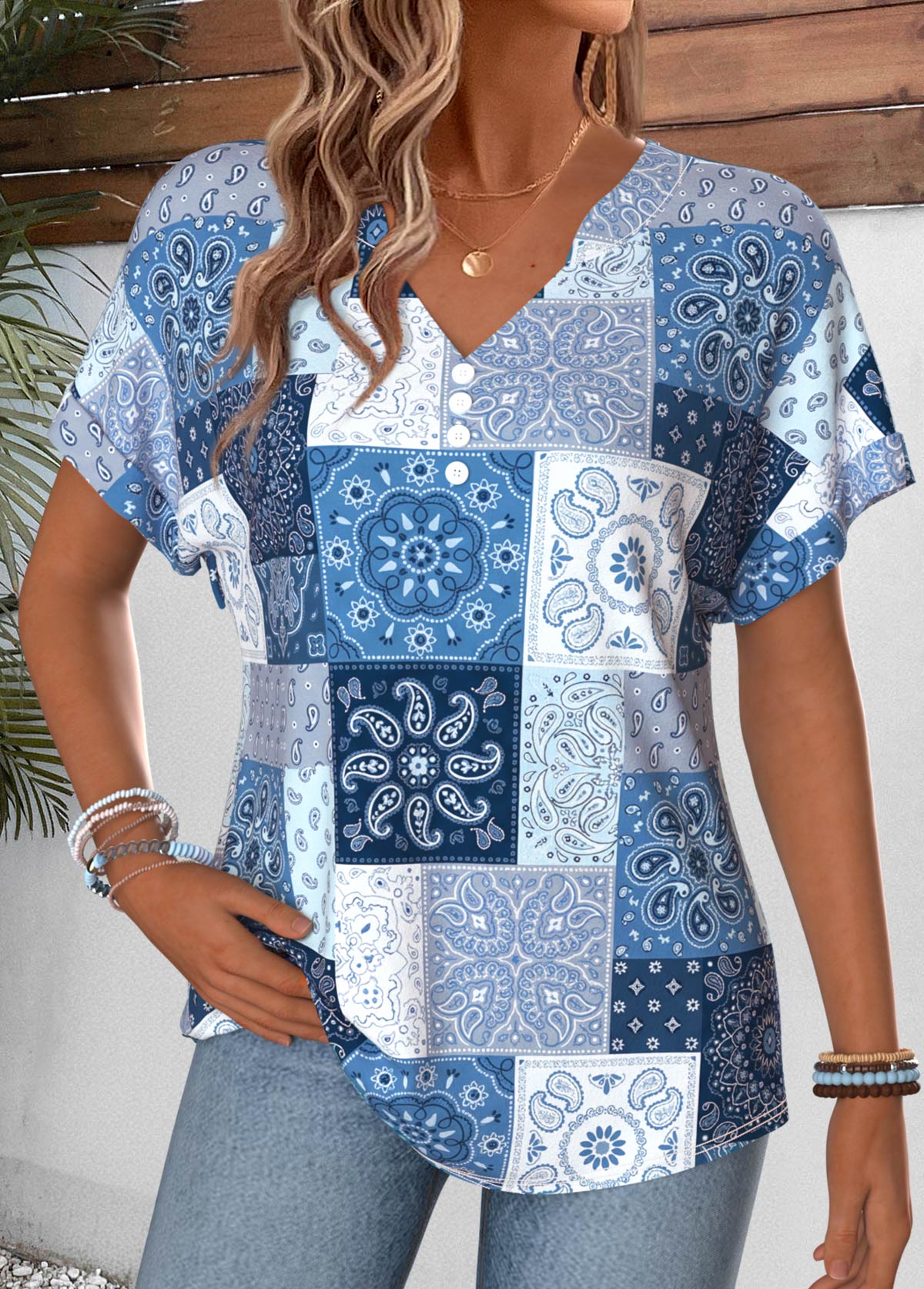 Blue Tribal Print Tummy Coverage Short Sleeve T Shirt | picture 