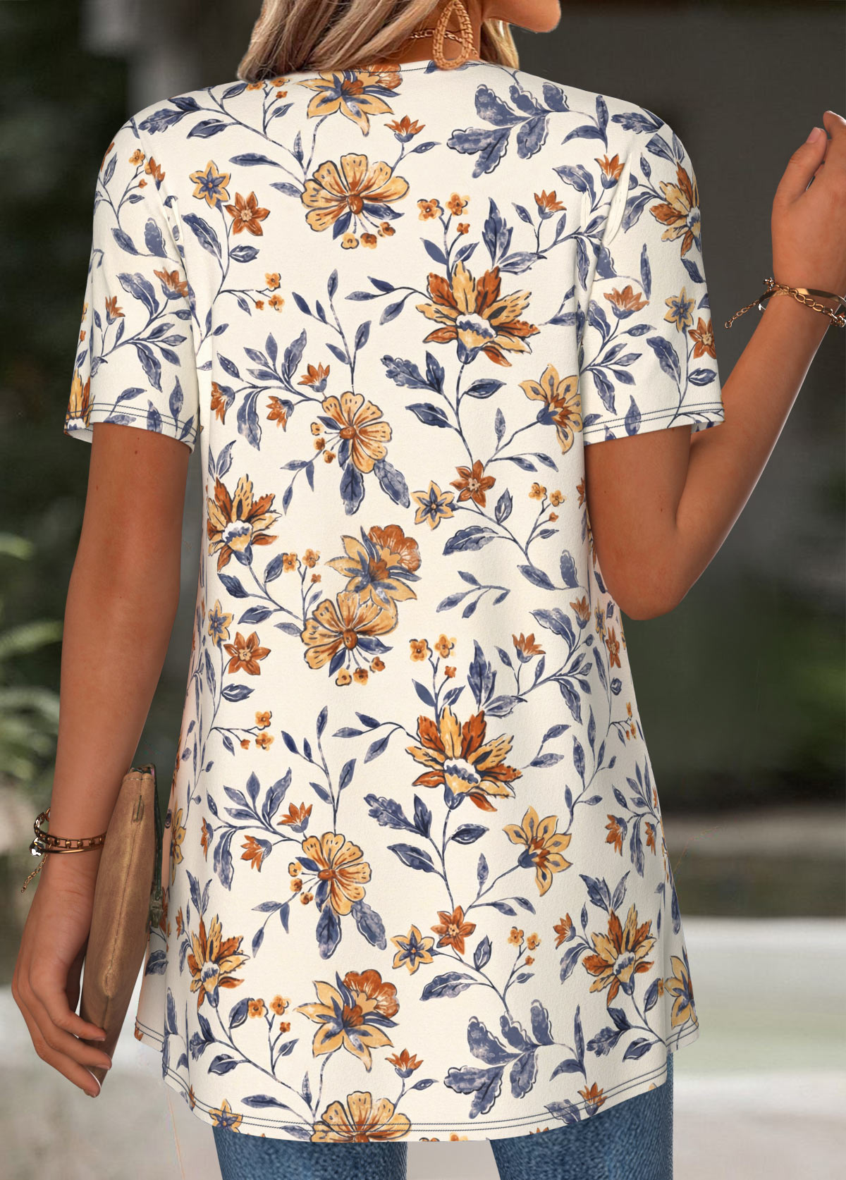 Beige Floral Print Short Sleeve Fake Two Piece Twinset | picture 