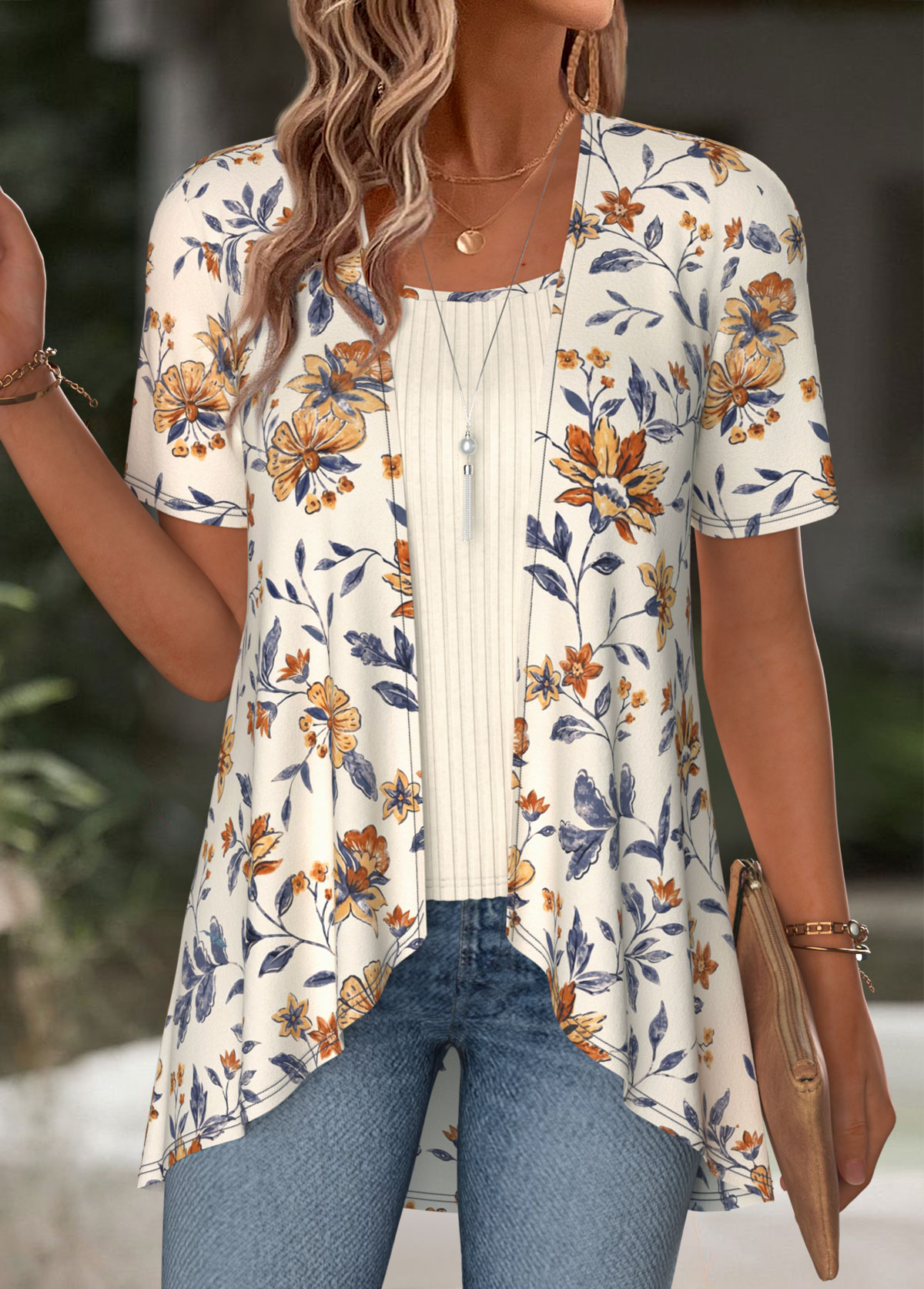 Beige Floral Print Short Sleeve Fake Two Piece Twinset | picture 