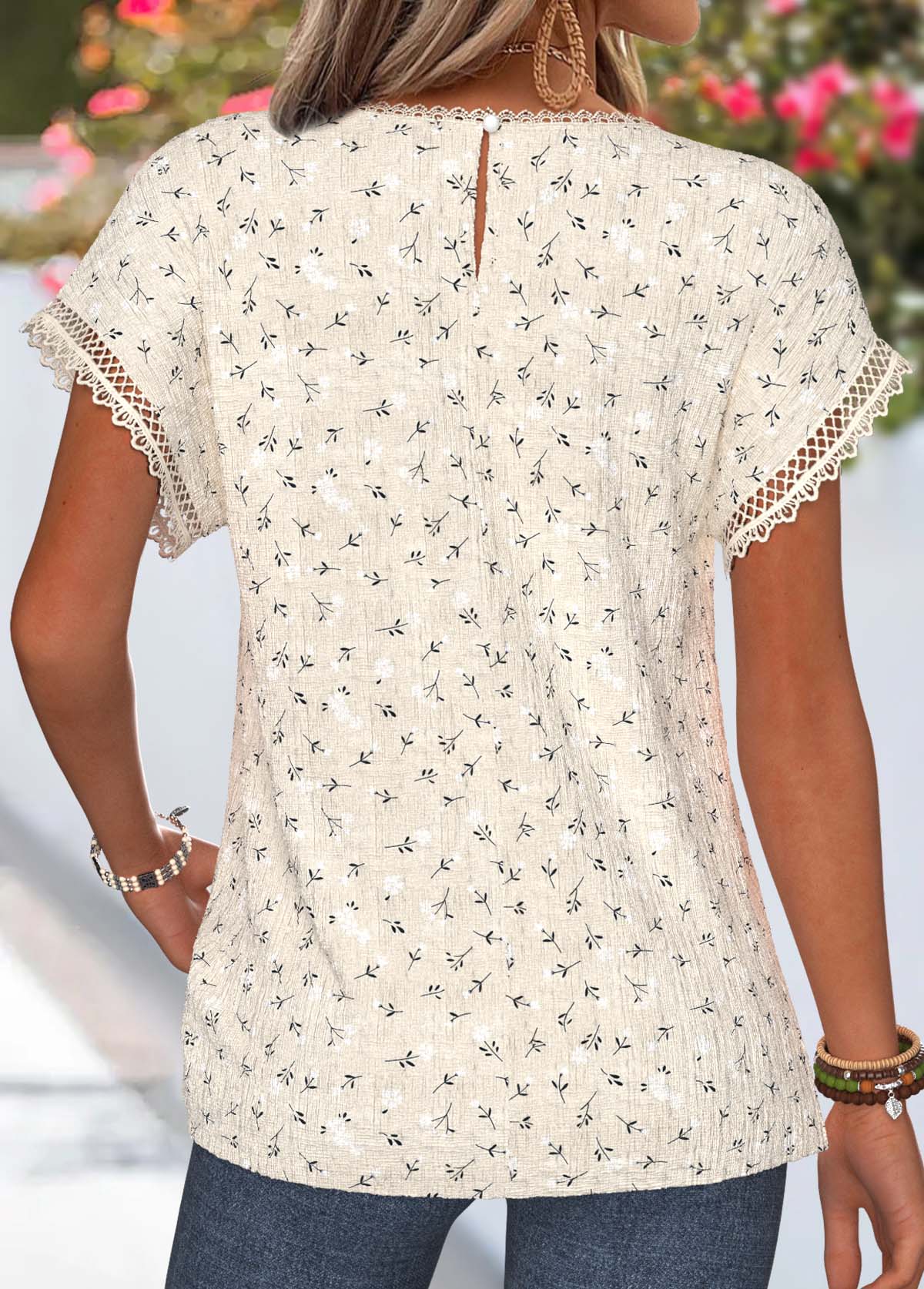 Beige Ditsy Floral Print Curved Hem T Shirt | picture 