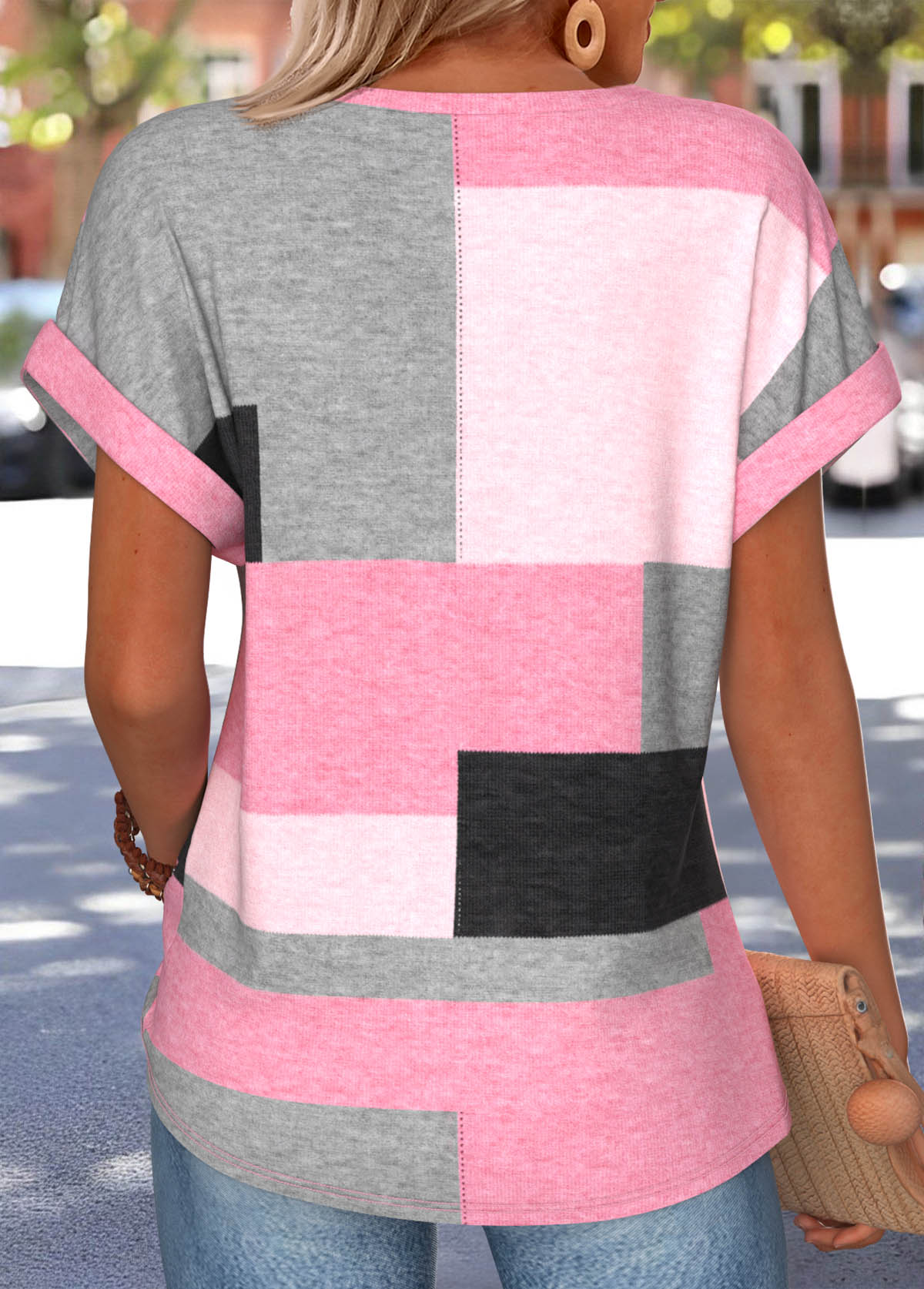 Pink Geometric Print Tummy Coverage Short Sleeve T Shirt | picture 