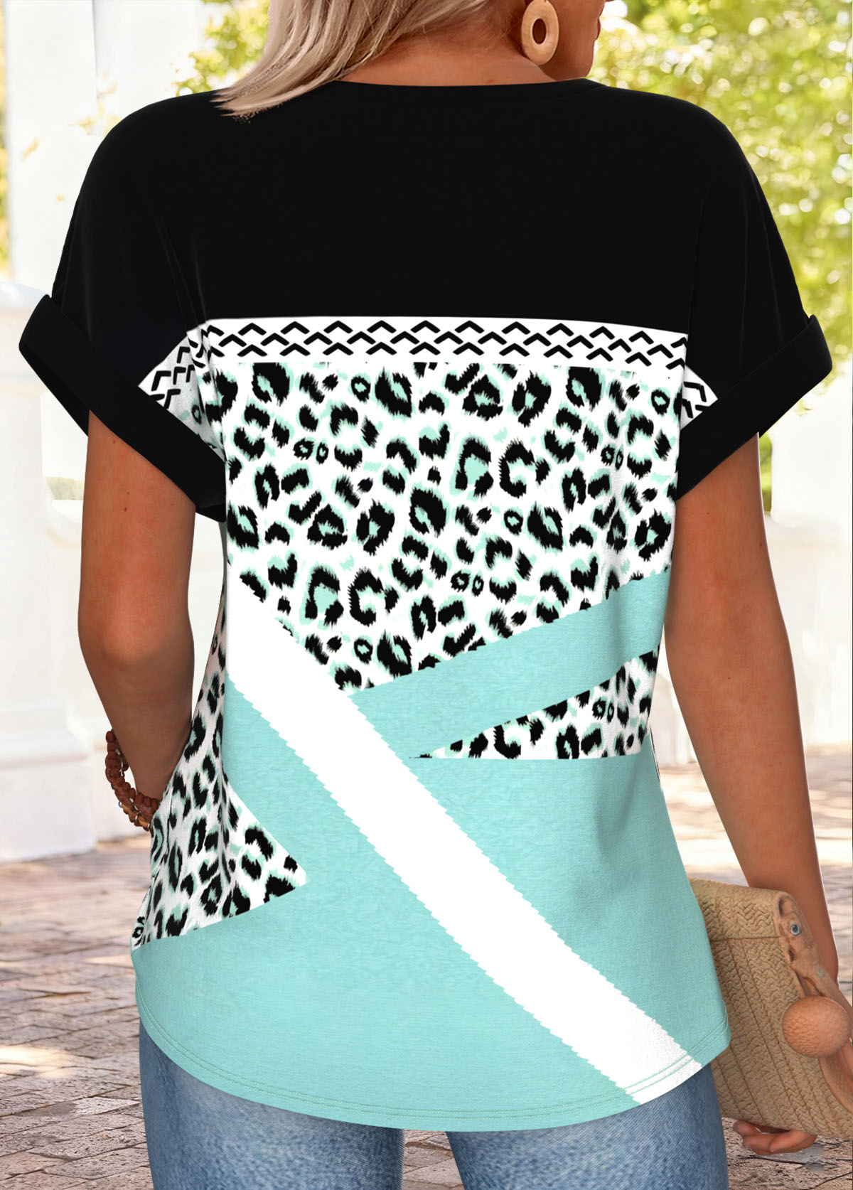 Black Geometric Print Tummy Coverage Short Sleeve T Shirt | picture 