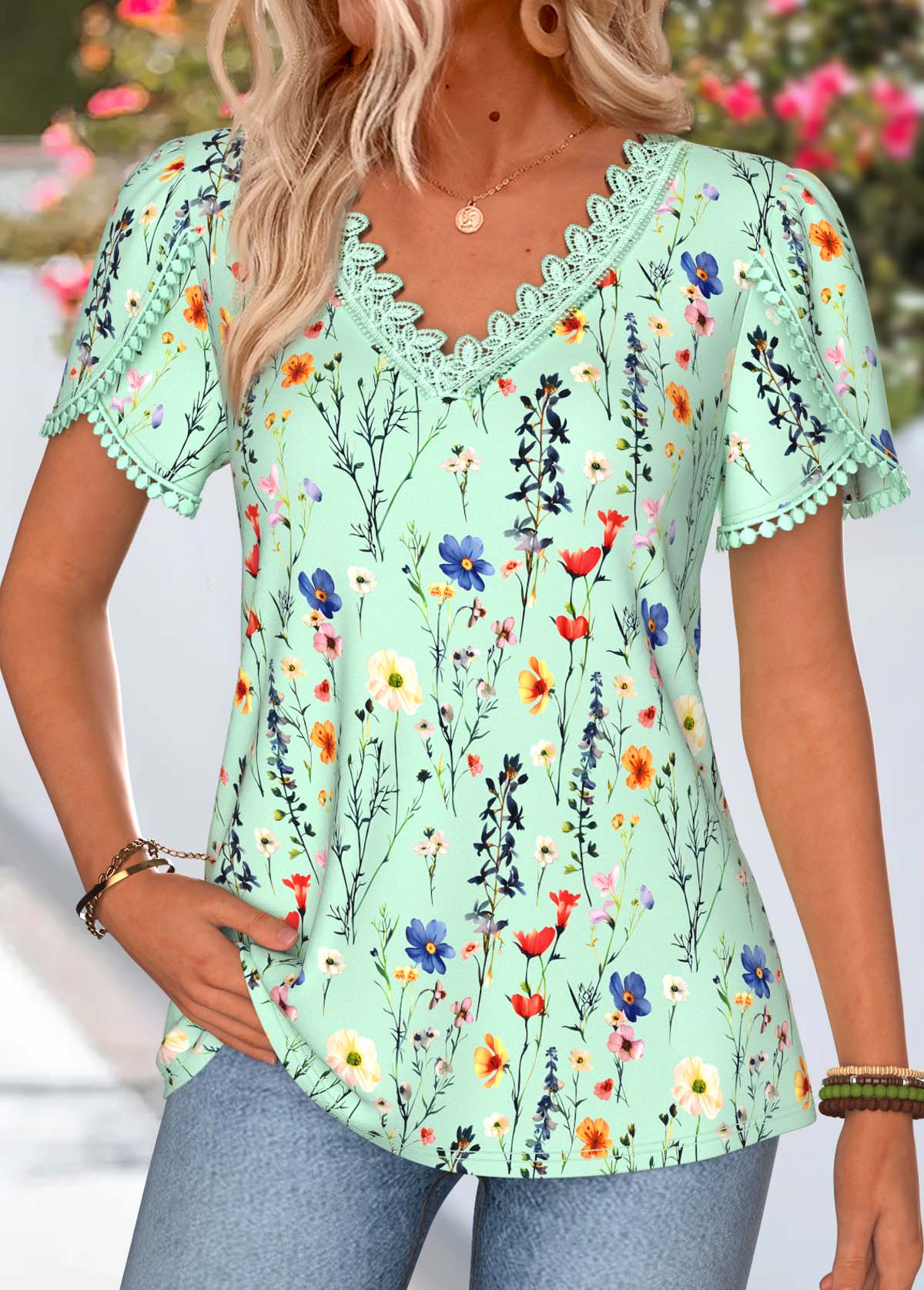 Green Floral Print Tummy Coverage Short Sleeve T Shirt | picture 