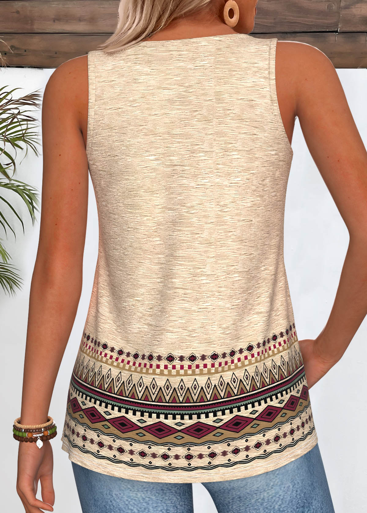 Light Camel Tribal Print Curved Hem Sleeveless Tank Top | picture 