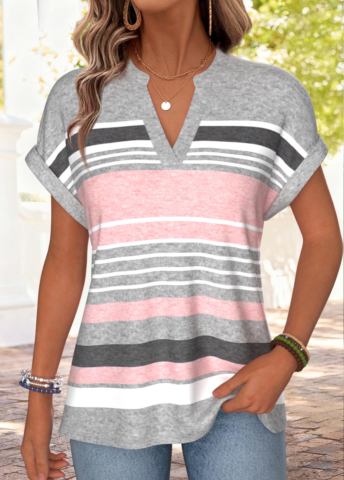 Pink Striped Short Sleeve Split Neck T Shirt | picture 
