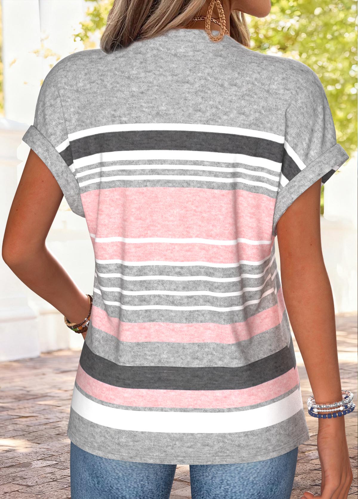 Pink Striped Short Sleeve Split Neck T Shirt | picture 