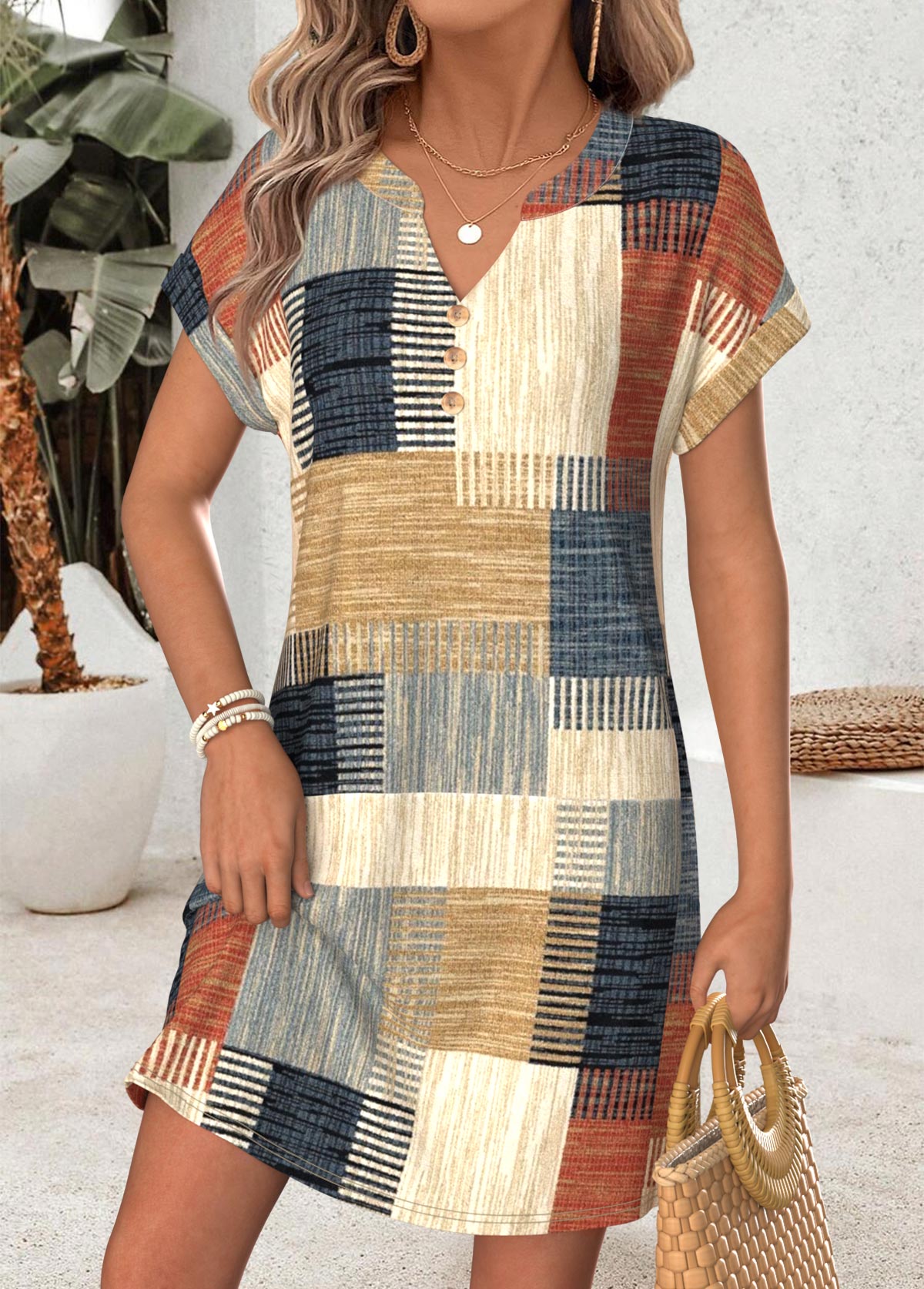 Multi Color Geometric Print Short Tummy Coverage Dress | picture 