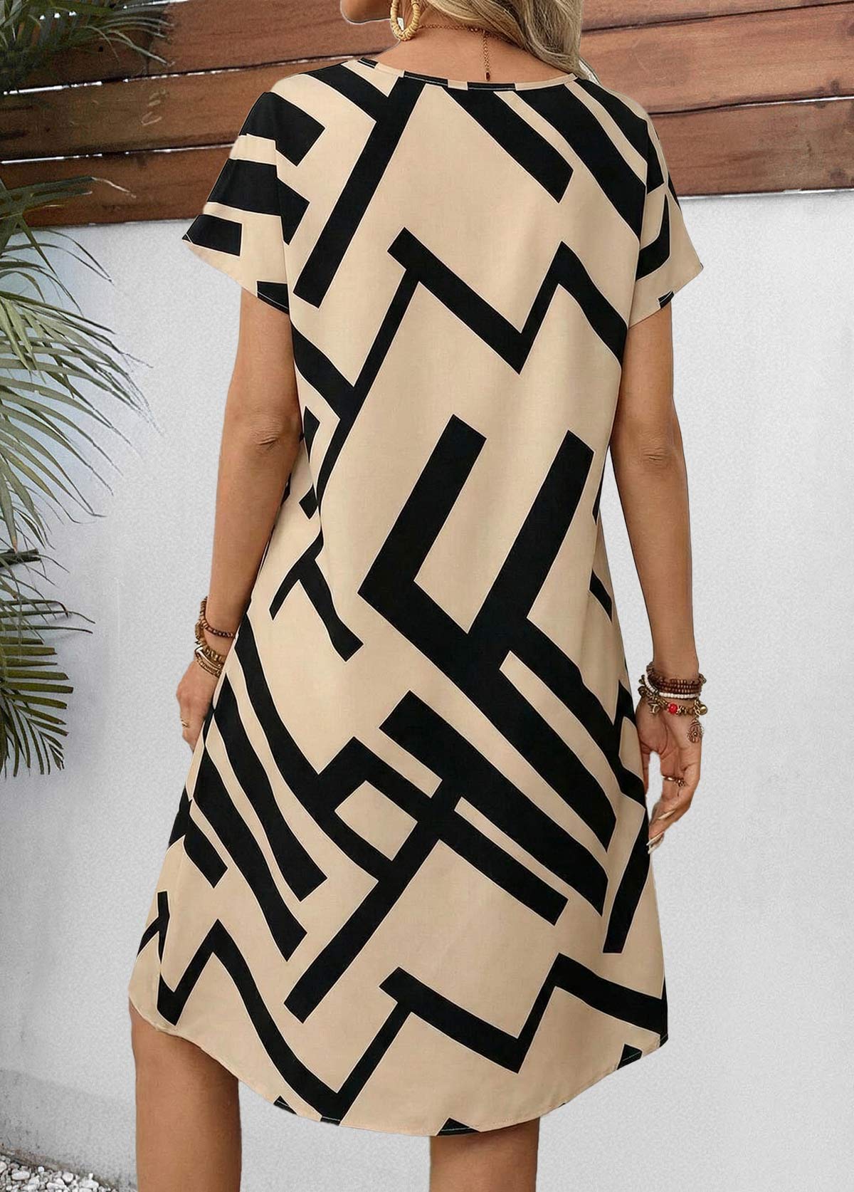 Light Coffee Geometric Print Short Tummy Coverage Dress | picture 