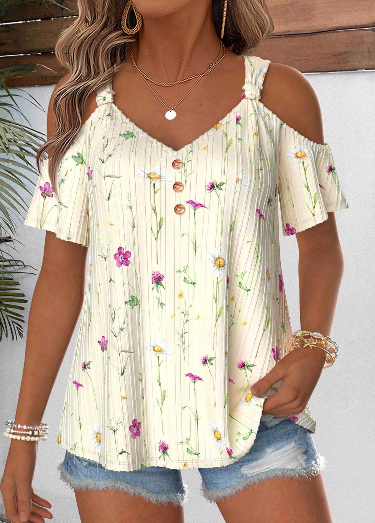 Light Yellow Floral Print Twist Short Sleeve T Shirt | picture 