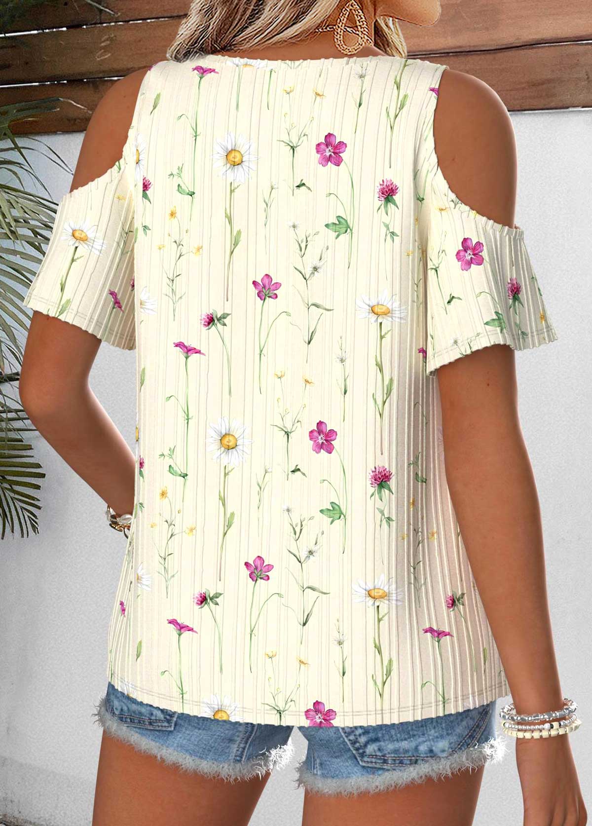 Light Yellow Floral Print Twist Short Sleeve T Shirt | picture 